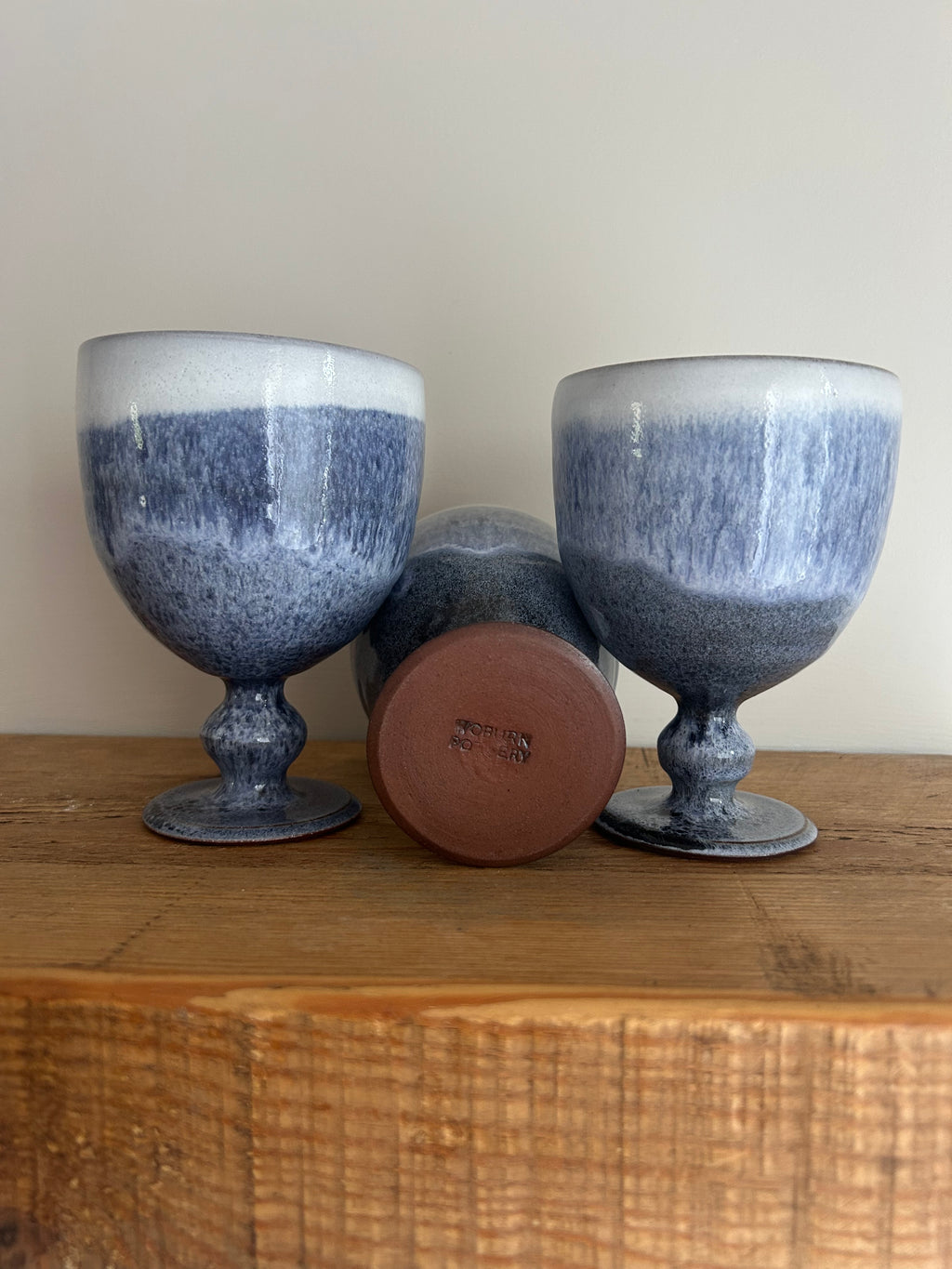 Trio of Vintage 1970s Woburn Pottery Wine Goblets – Blue & White Drip Glaze