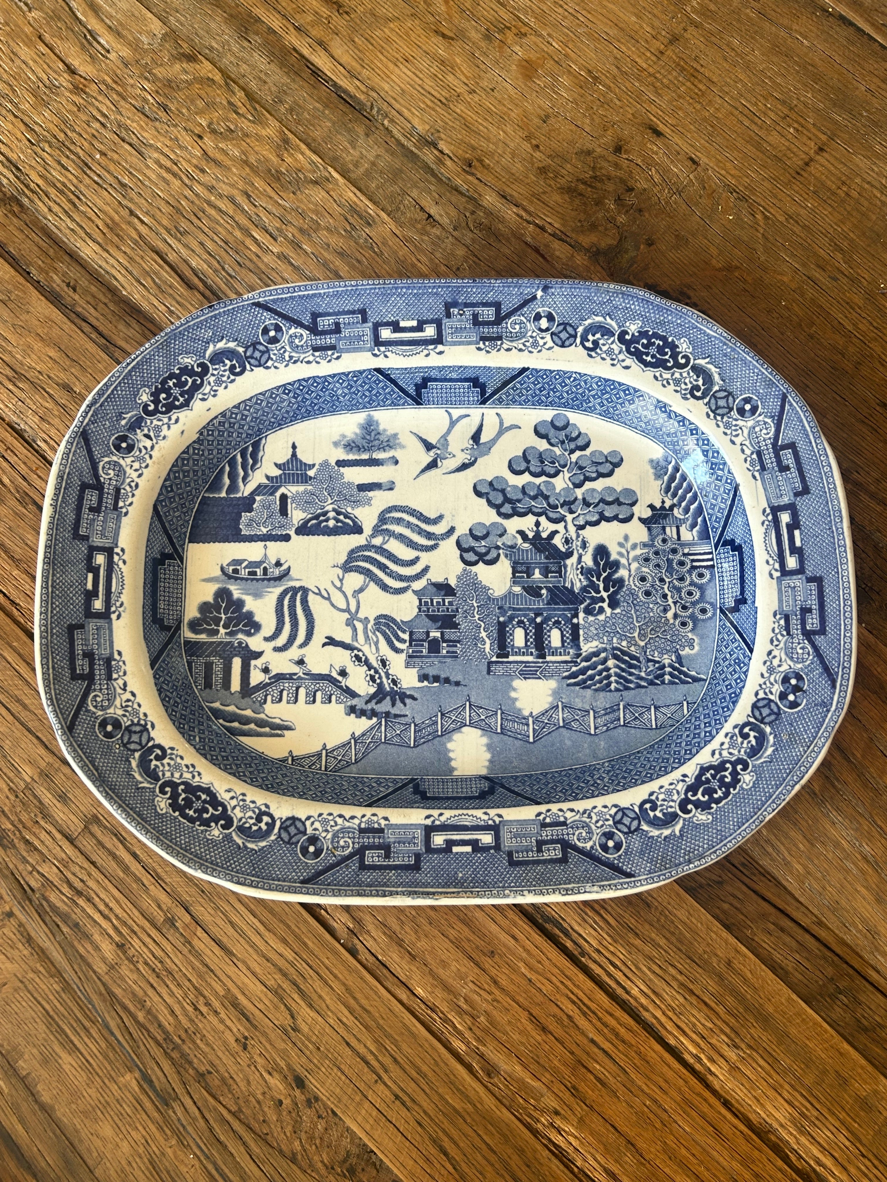 Large Antique Blue Willow Transferware Oval Serving Platter