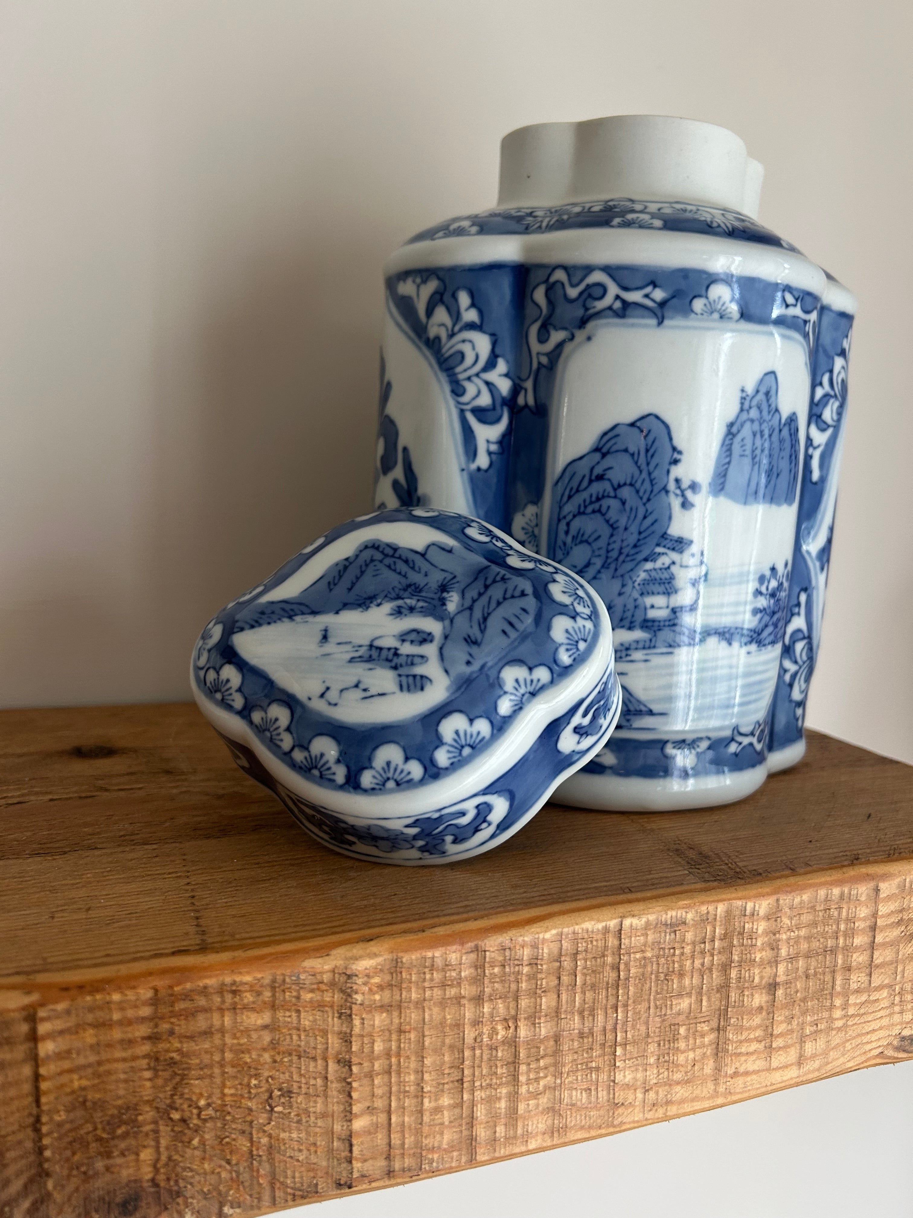 Vintage Large Chinese Blue & White Lobed Tea Jar with Cover