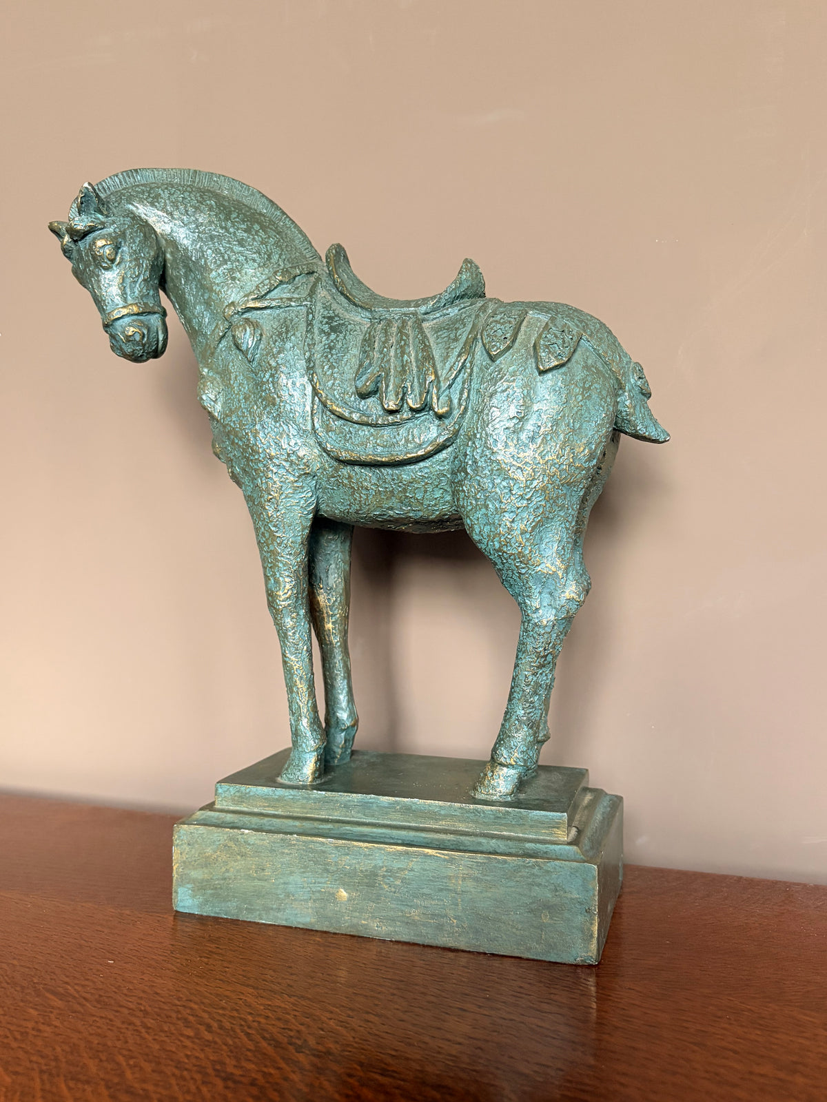 Tang Dynasty Style Verdigris Bronze Effect Resin Horse Sculpture