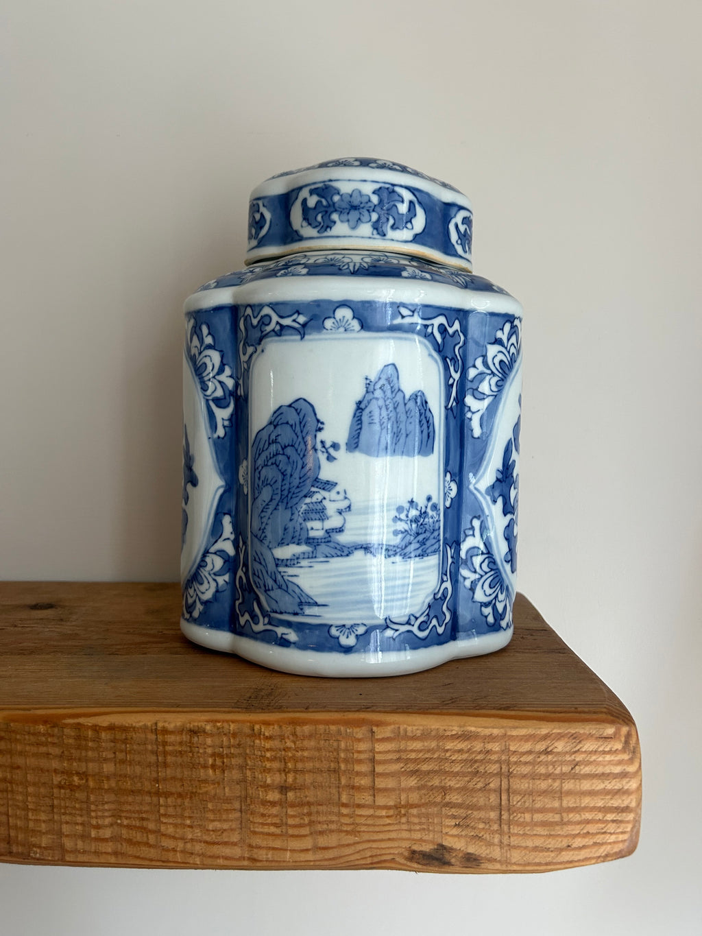 Vintage Large Chinese Blue & White Lobed Tea Jar with Cover