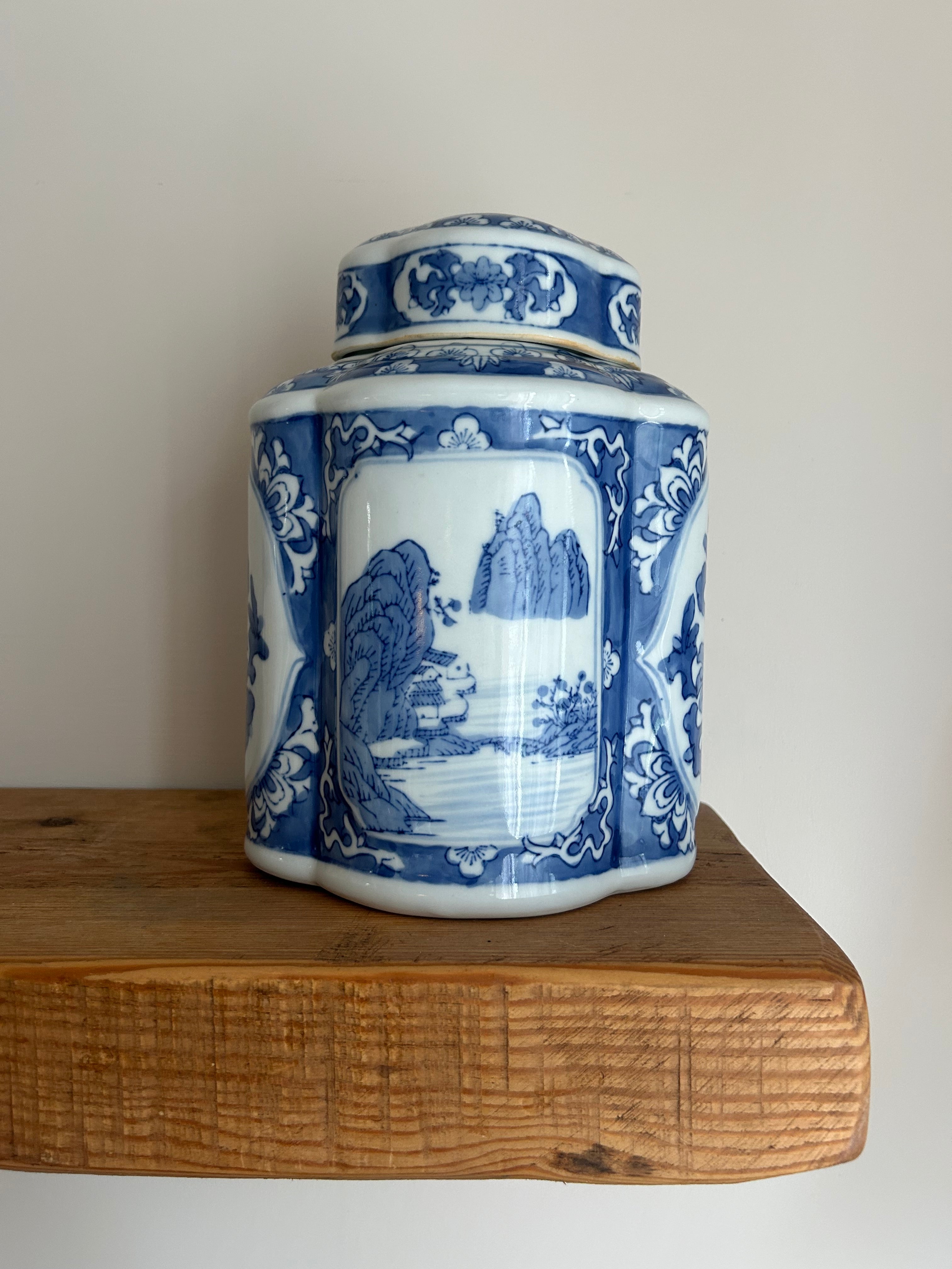 Vintage Large Chinese Blue & White Lobed Tea Jar with Cover