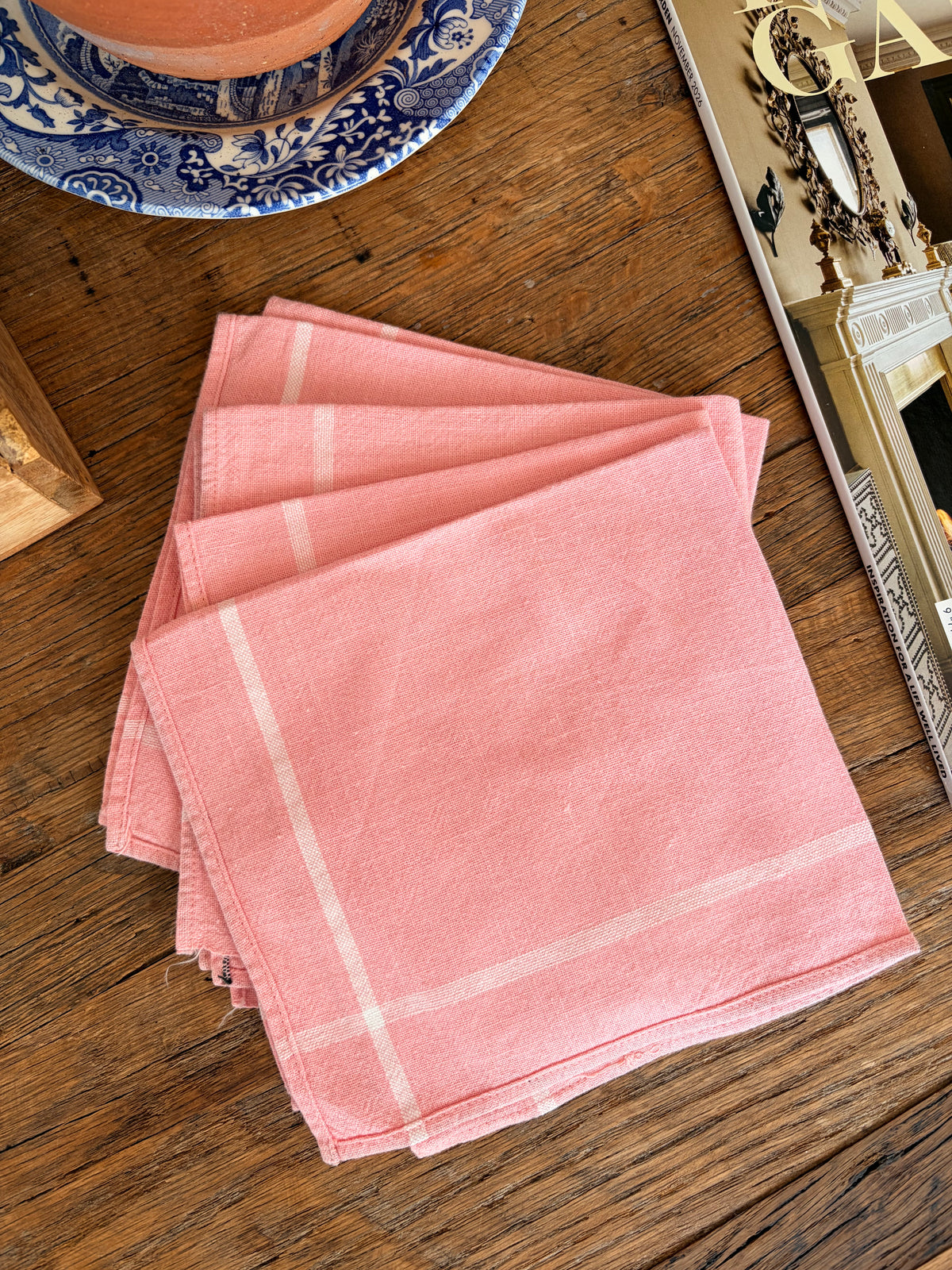 Set of 4 Vintage Pink & White Linen Square Napkins