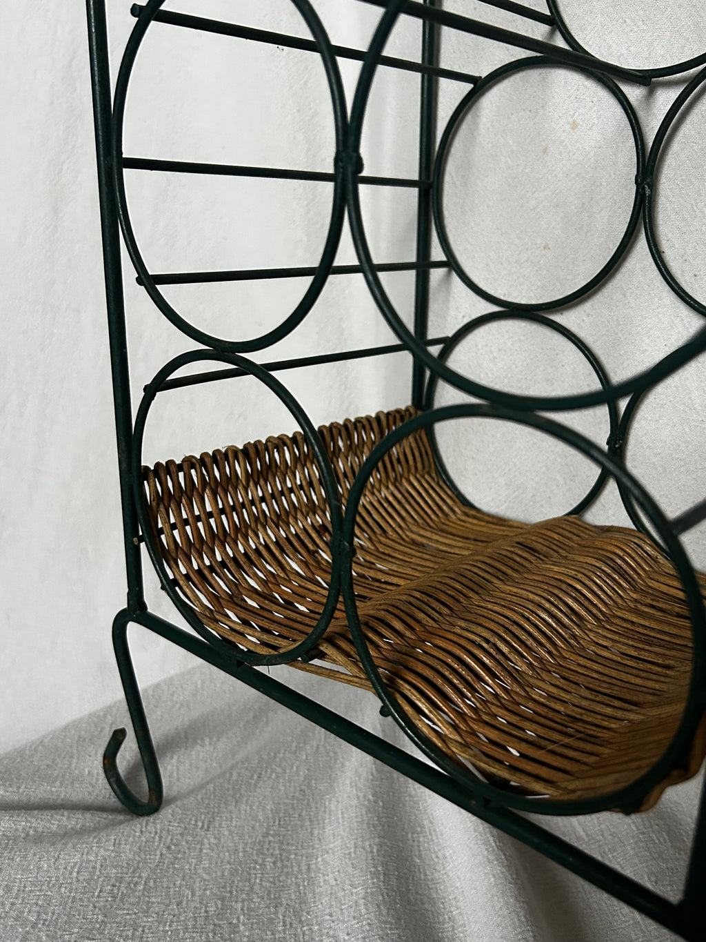 Racing Green Metal and Wicker Rattan Wine Rack