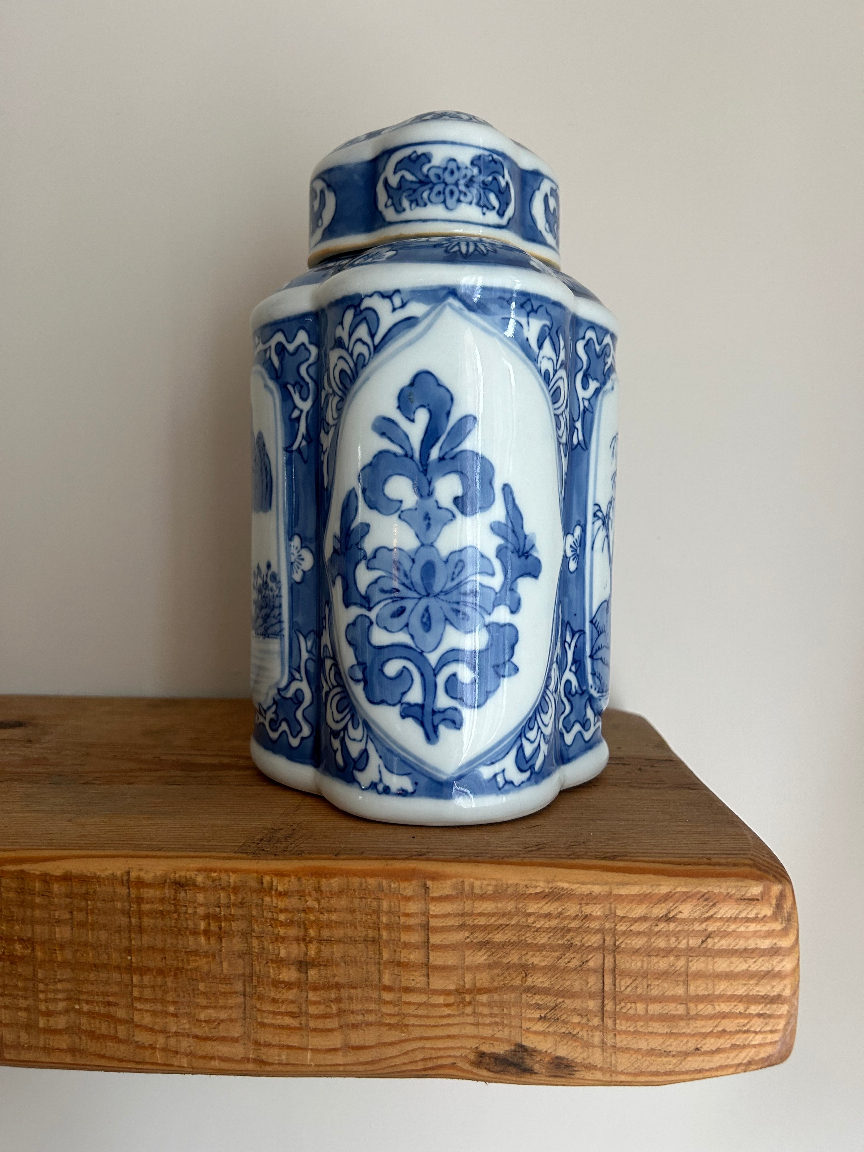 Vintage Large Chinese Blue & White Lobed Tea Jar with Cover