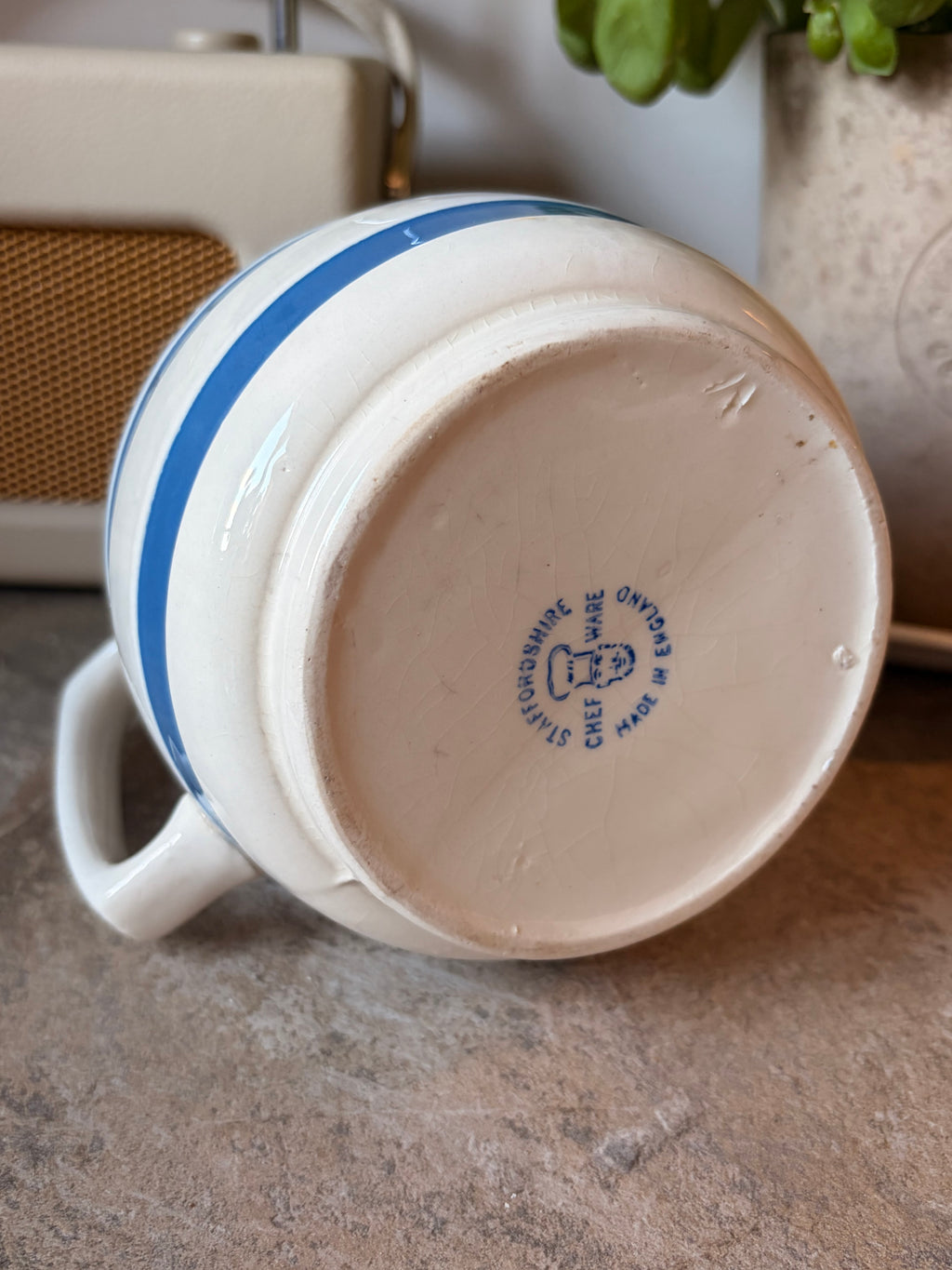 Vintage Staffordshire Chef Ware Striped Blue & Cream Milk Pitcher Jug
