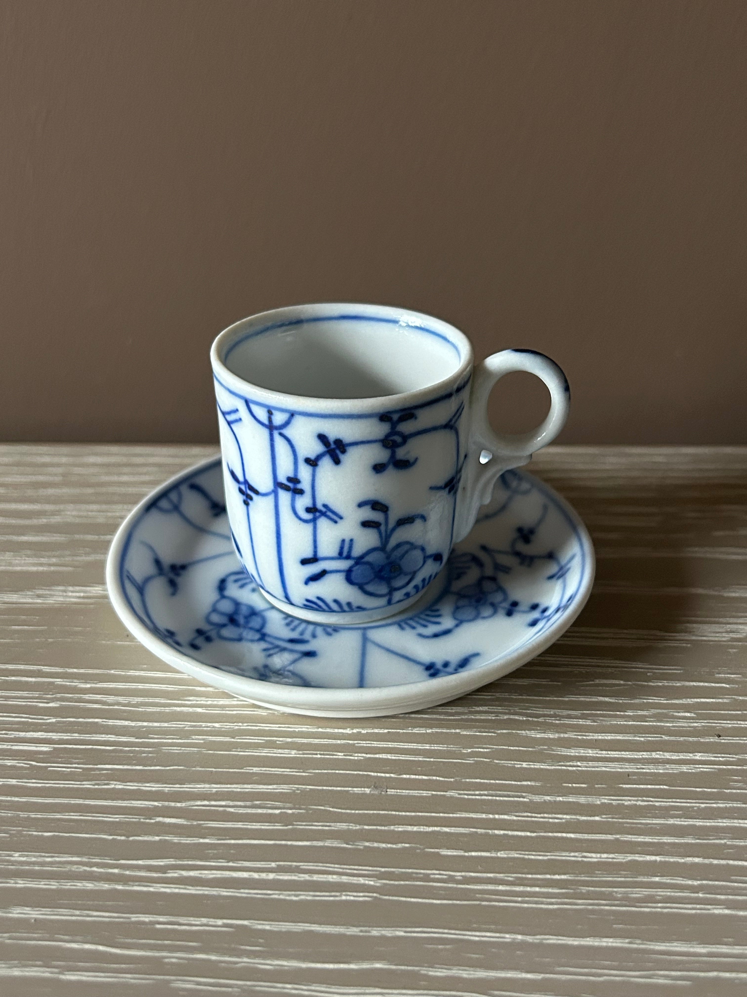 Vintage Unmarked Blue & White Espresso Cup and Saucer – Hand-Painted Danish Style