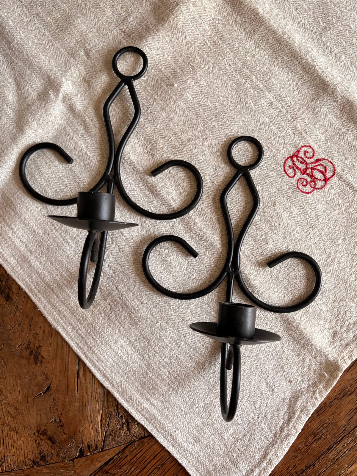 Pair Black Vintage Swedish Wrought Iron Wall Sconces