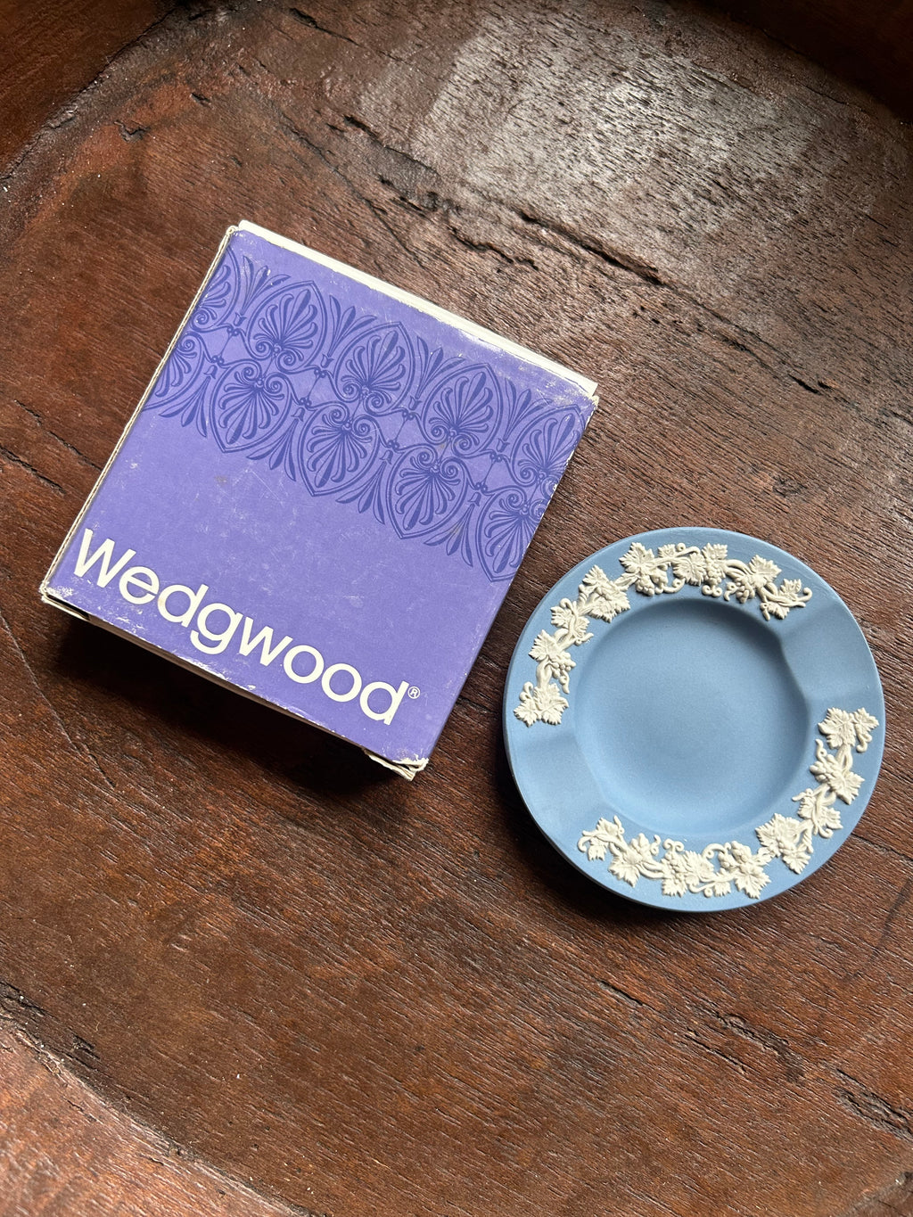 Vintage Wedgwood Pale Blue Jasperware Grapevine Pin Dish with Original Box (c. 1970s)