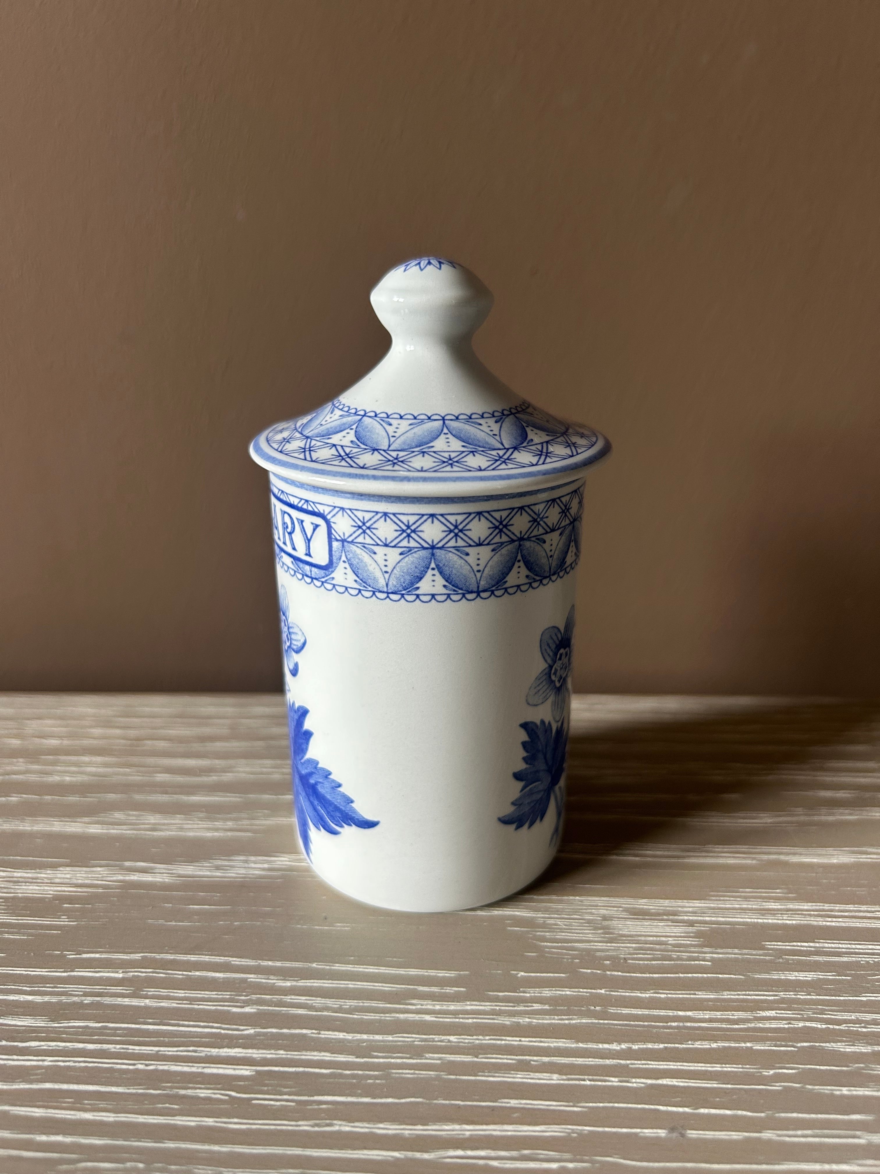Vintage Spode Blue Room Collection "Rosemary" Lidded Spice Jar – Classic Geranium Pattern, Made in England