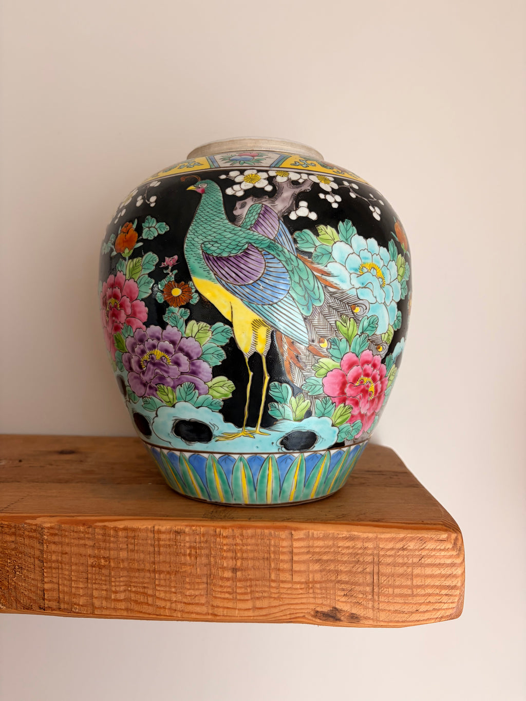 Vintage Japanese Black Porcelain Peacock & Peony Ginger Jar Vase