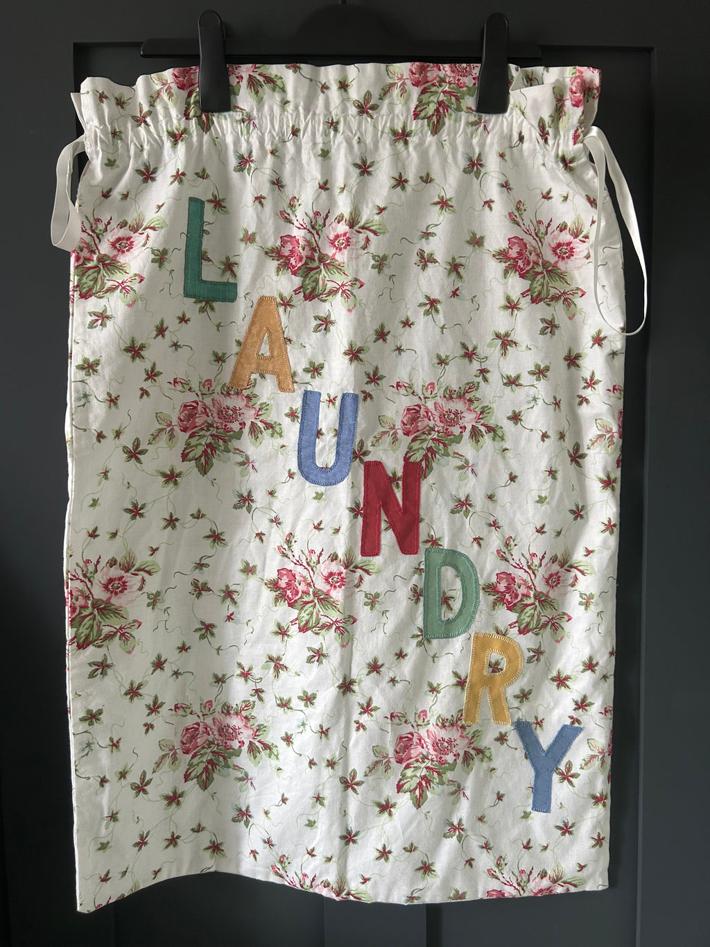 Vintage Floral Cotton Laundry Bag with Appliqué Lettering
