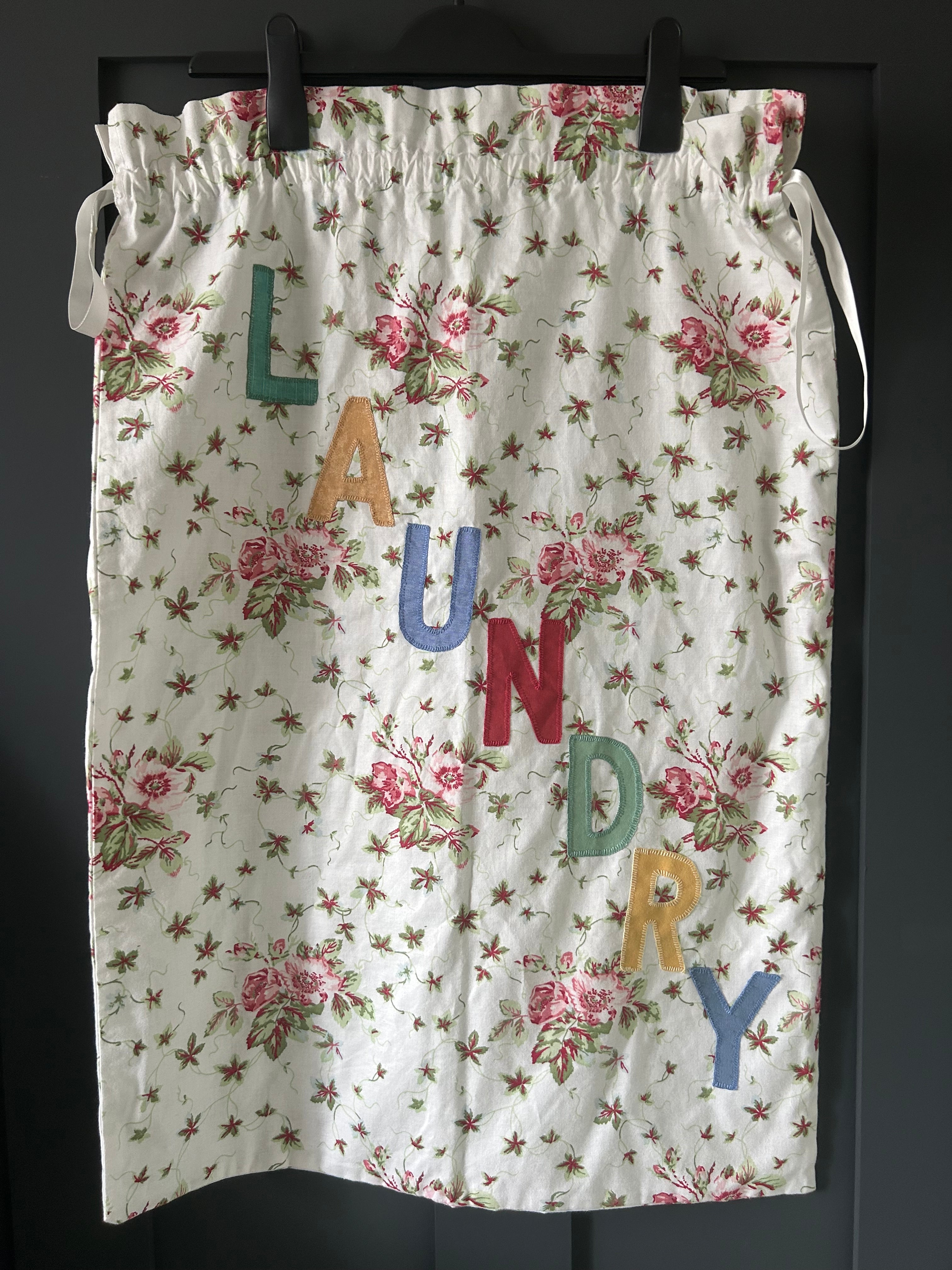 Vintage Floral Cotton Laundry Bag with Appliqué Lettering