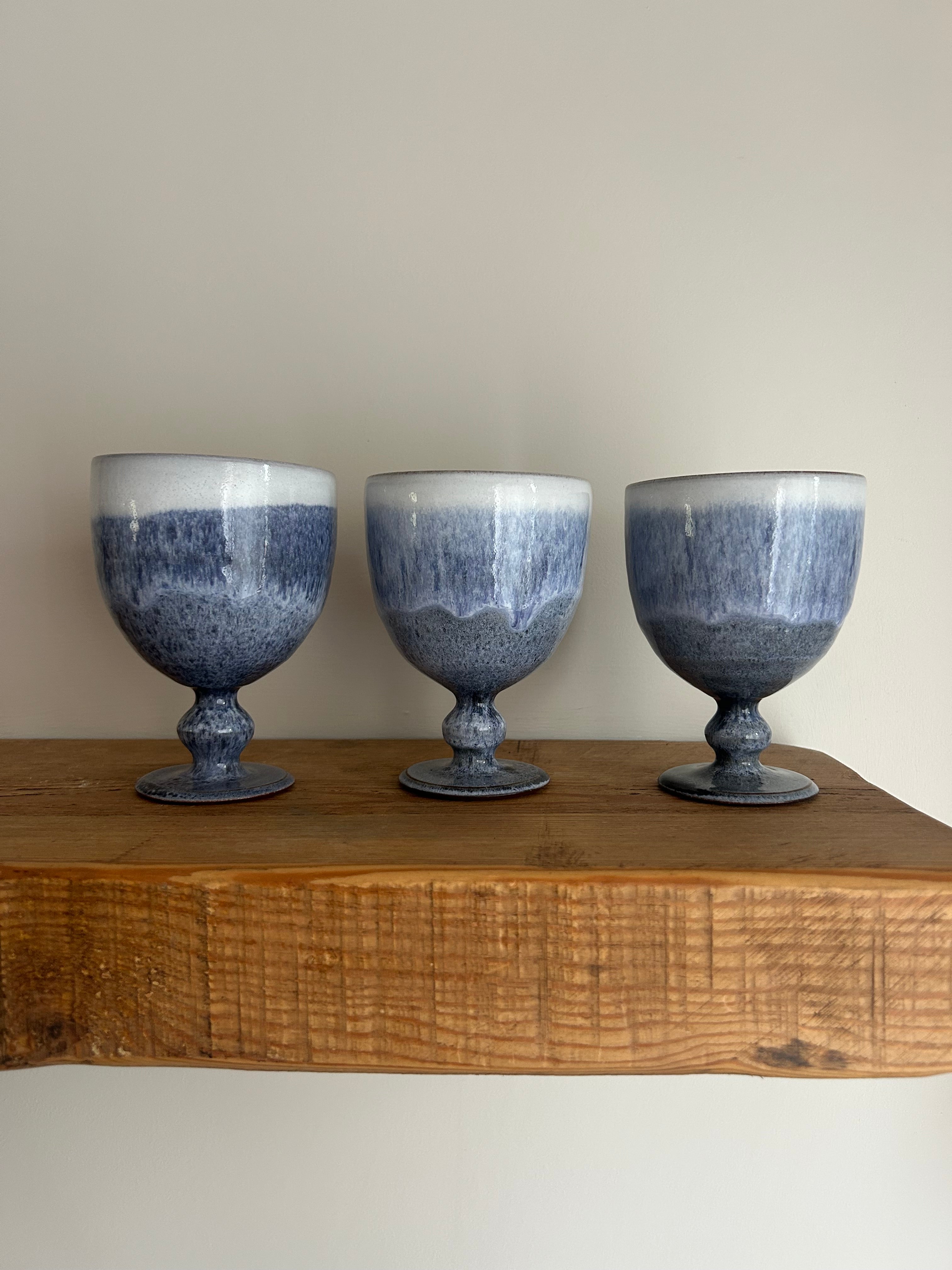 Trio of Vintage 1970s Woburn Pottery Wine Goblets – Blue & White Drip Glaze