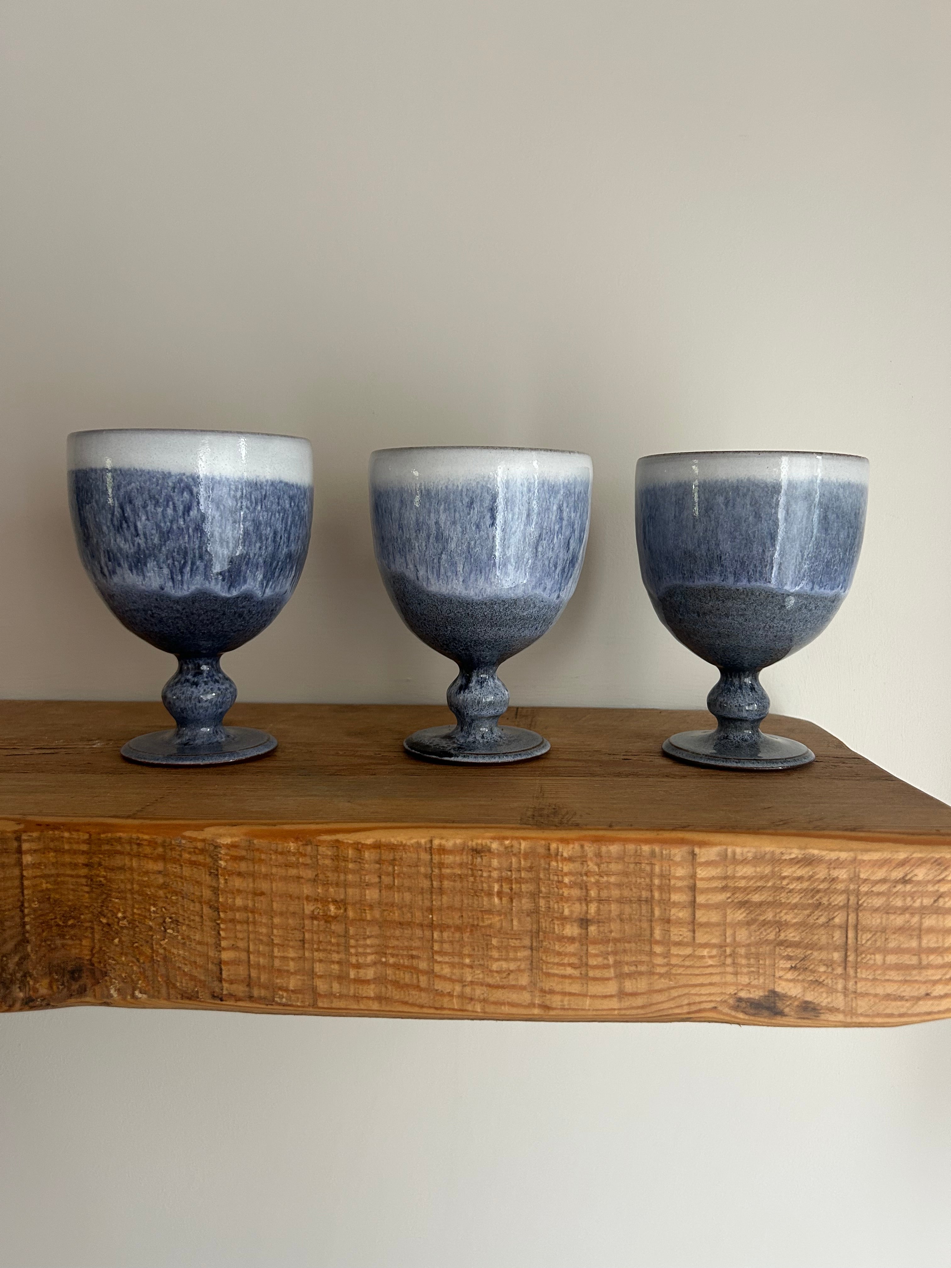 Trio of Vintage 1970s Woburn Pottery Wine Goblets – Blue & White Drip Glaze