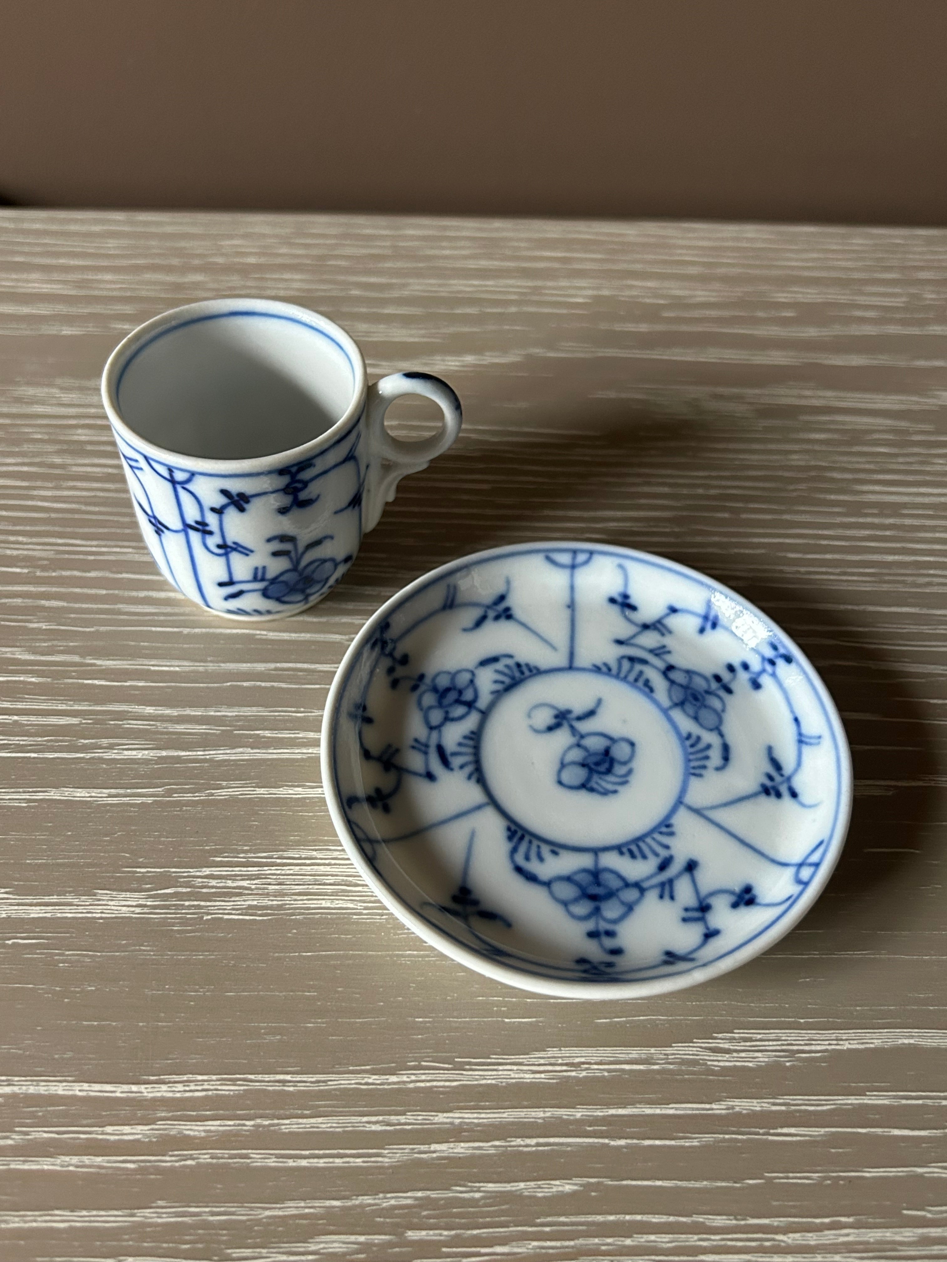 Vintage Unmarked Blue & White Espresso Cup and Saucer – Hand-Painted Danish Style
