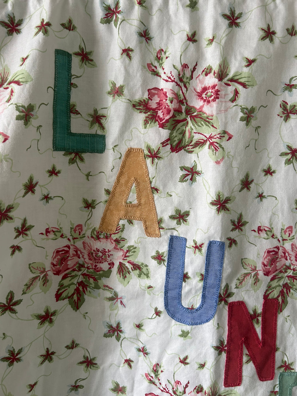 Vintage Floral Cotton Laundry Bag with Appliqué Lettering