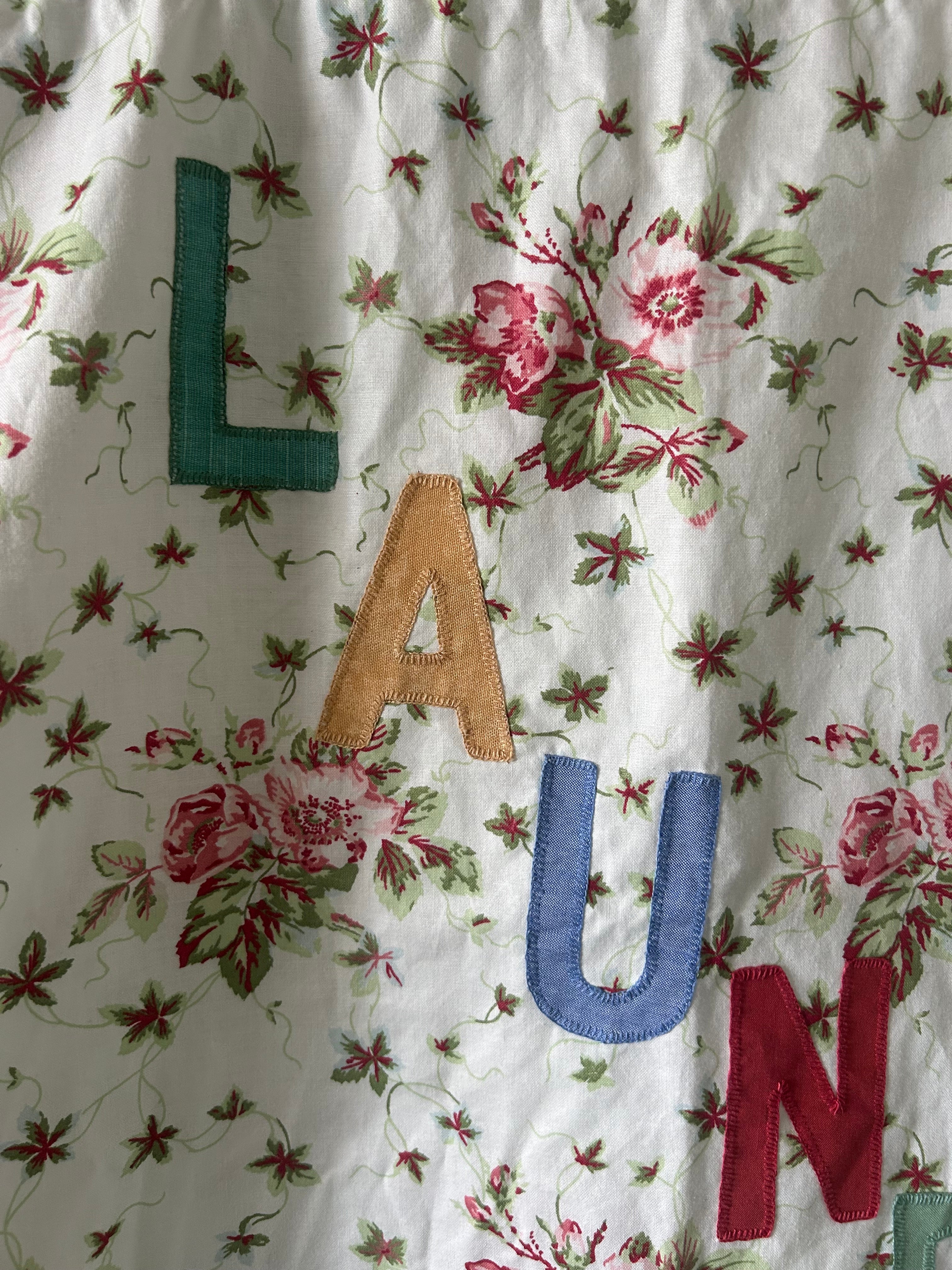Vintage Floral Cotton Laundry Bag with Appliqué Lettering