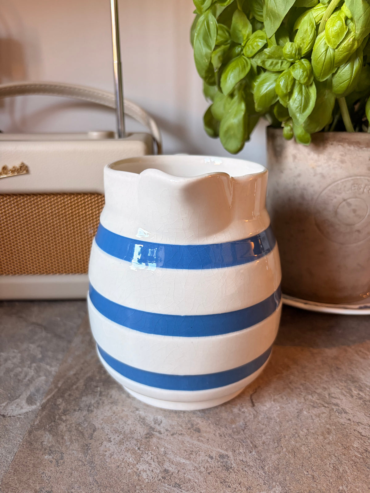 Vintage Staffordshire Chef Ware Striped Blue & Cream Milk Pitcher Jug