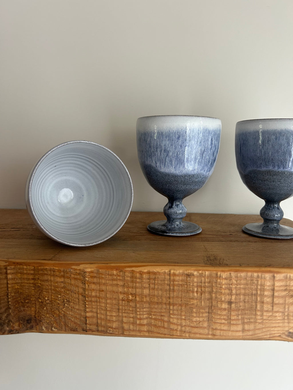 Trio of Vintage 1970s Woburn Pottery Wine Goblets – Blue & White Drip Glaze