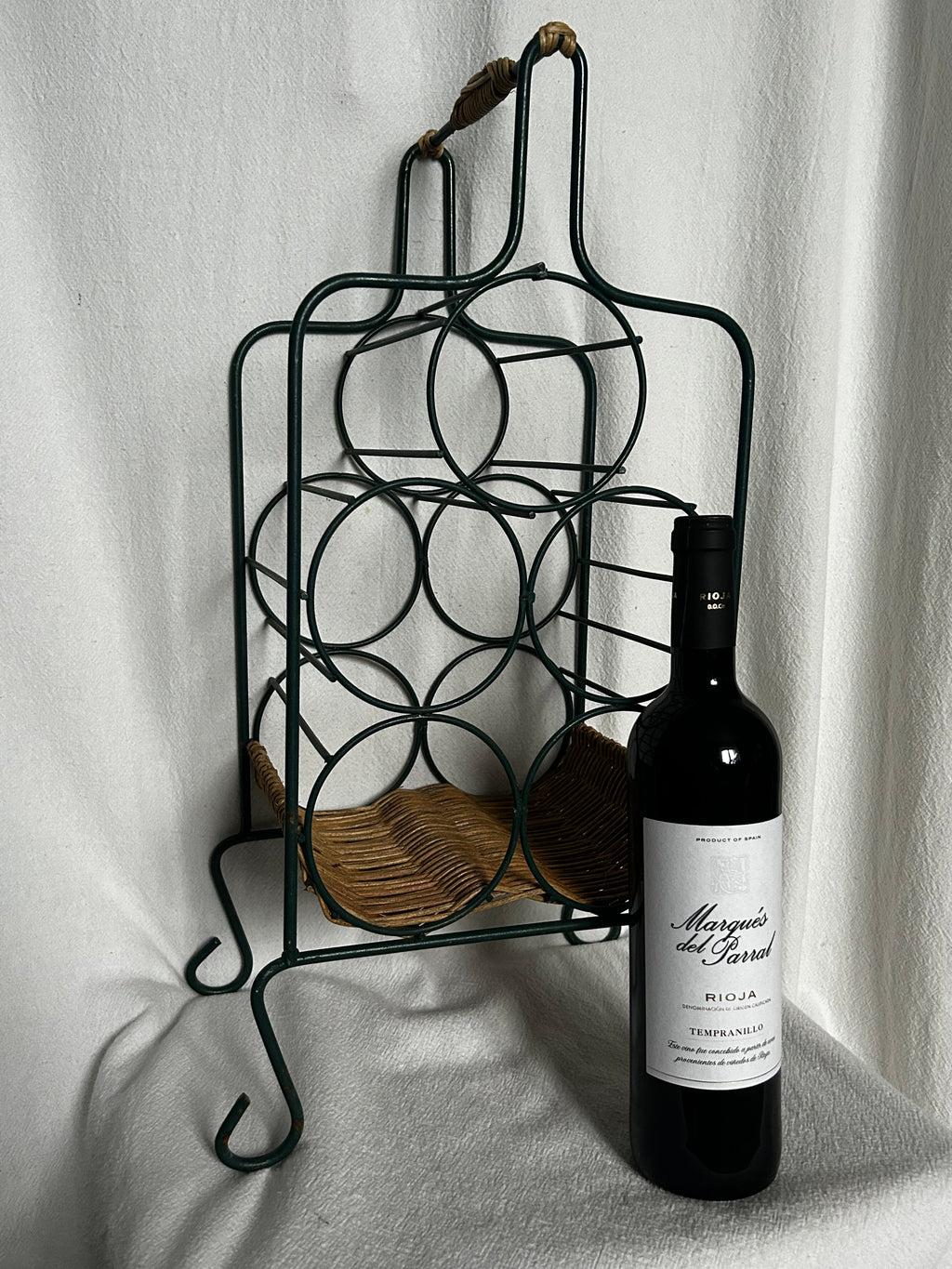 Racing Green Metal and Wicker Rattan Wine Rack