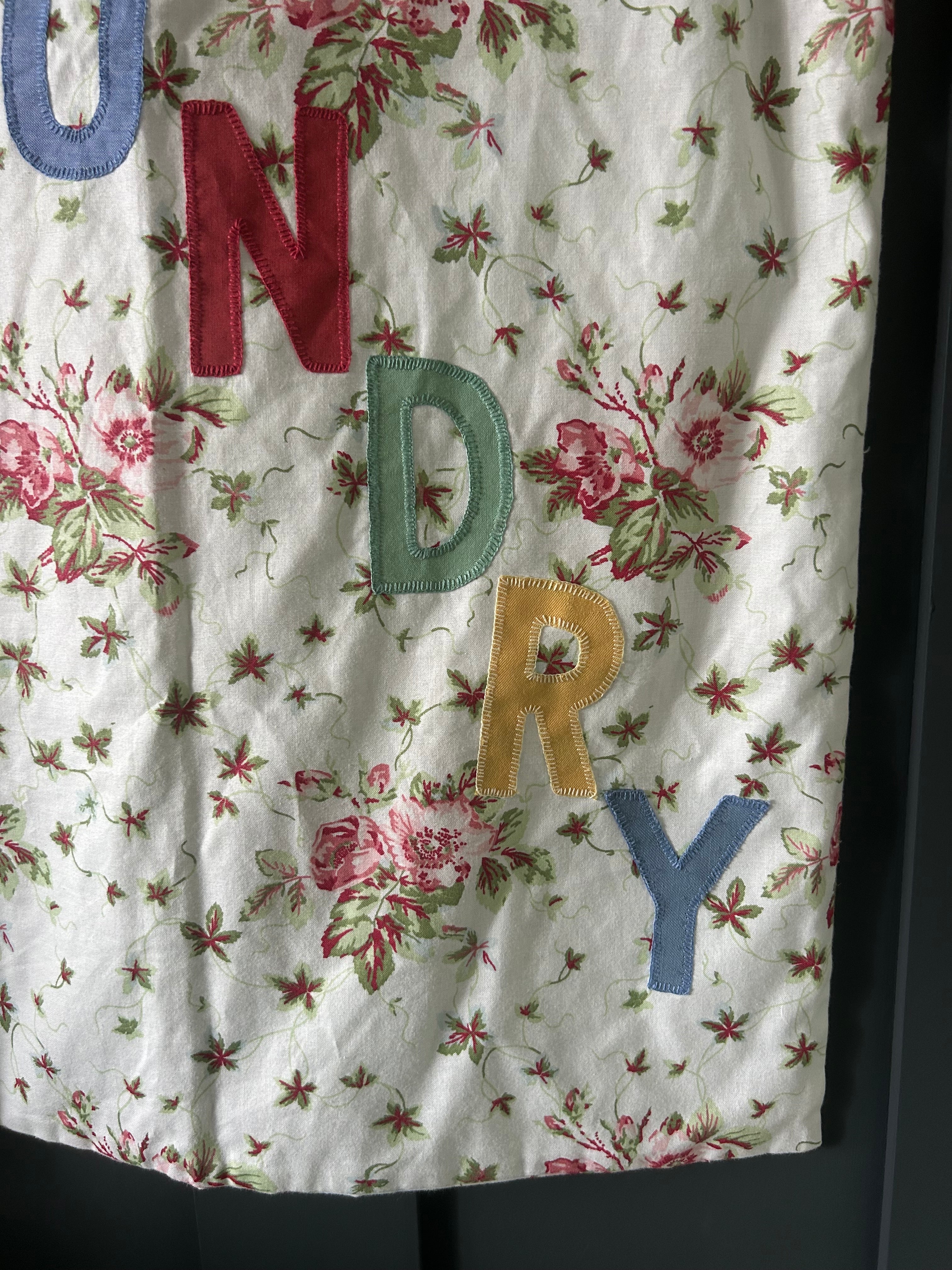 Vintage Floral Cotton Laundry Bag with Appliqué Lettering