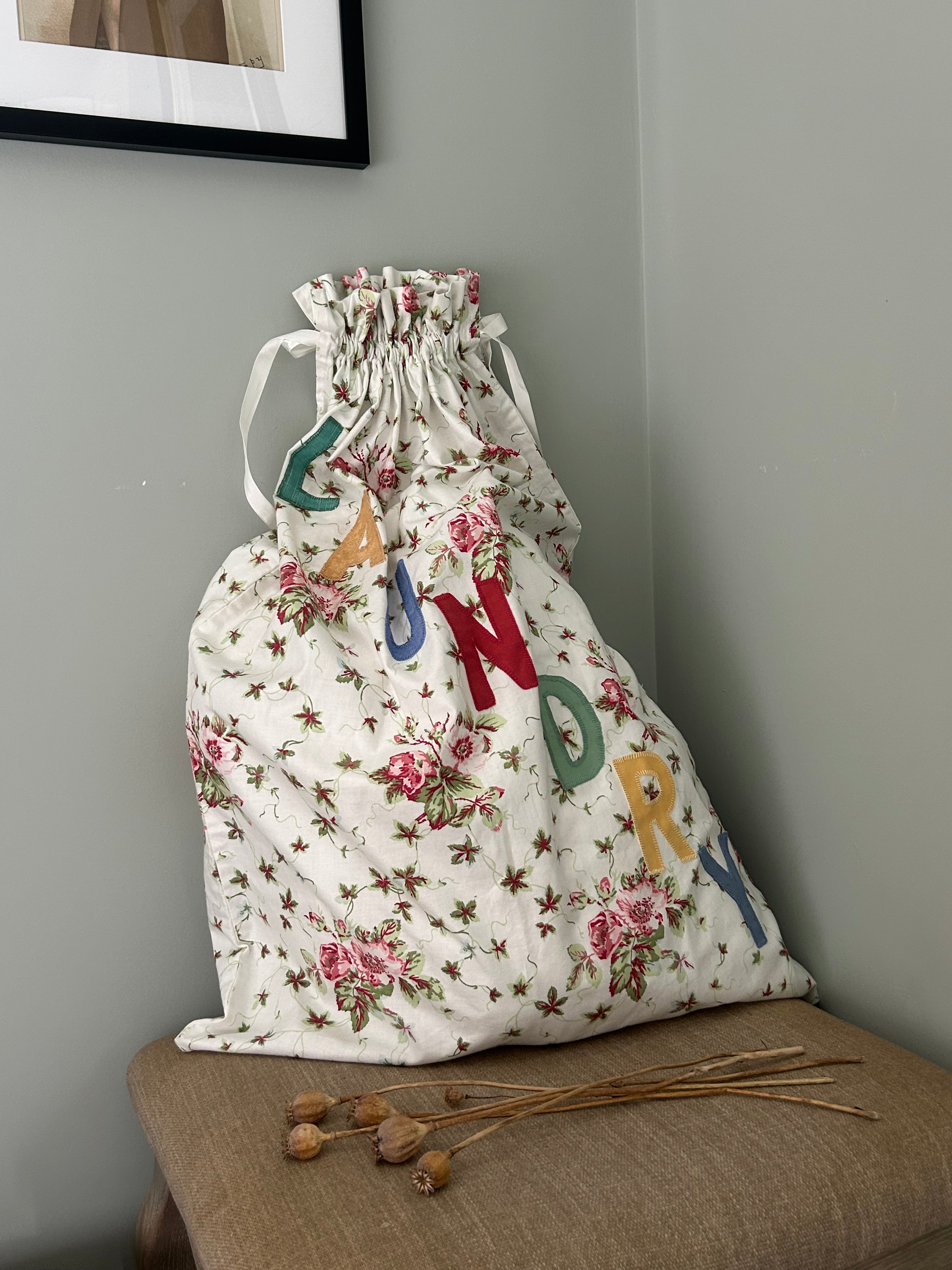 Vintage Floral Cotton Laundry Bag with Appliqué Lettering