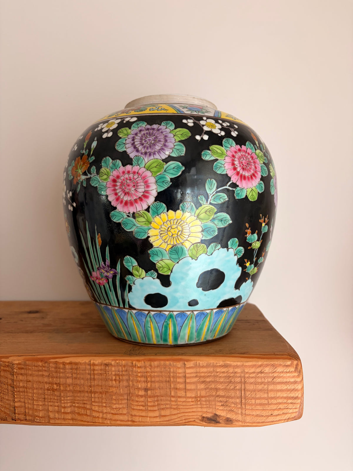 Vintage Japanese Black Porcelain Peacock & Peony Ginger Jar Vase