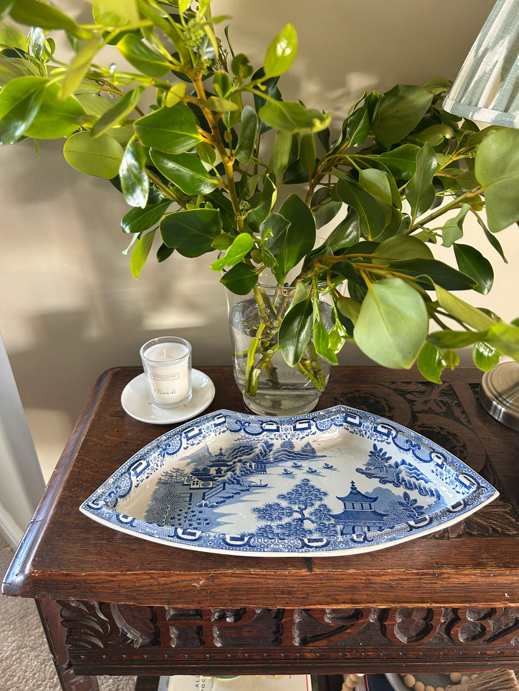 Antique Blue Willow Fan-Shaped Supper Dish 19th Century Transferware Segment Server