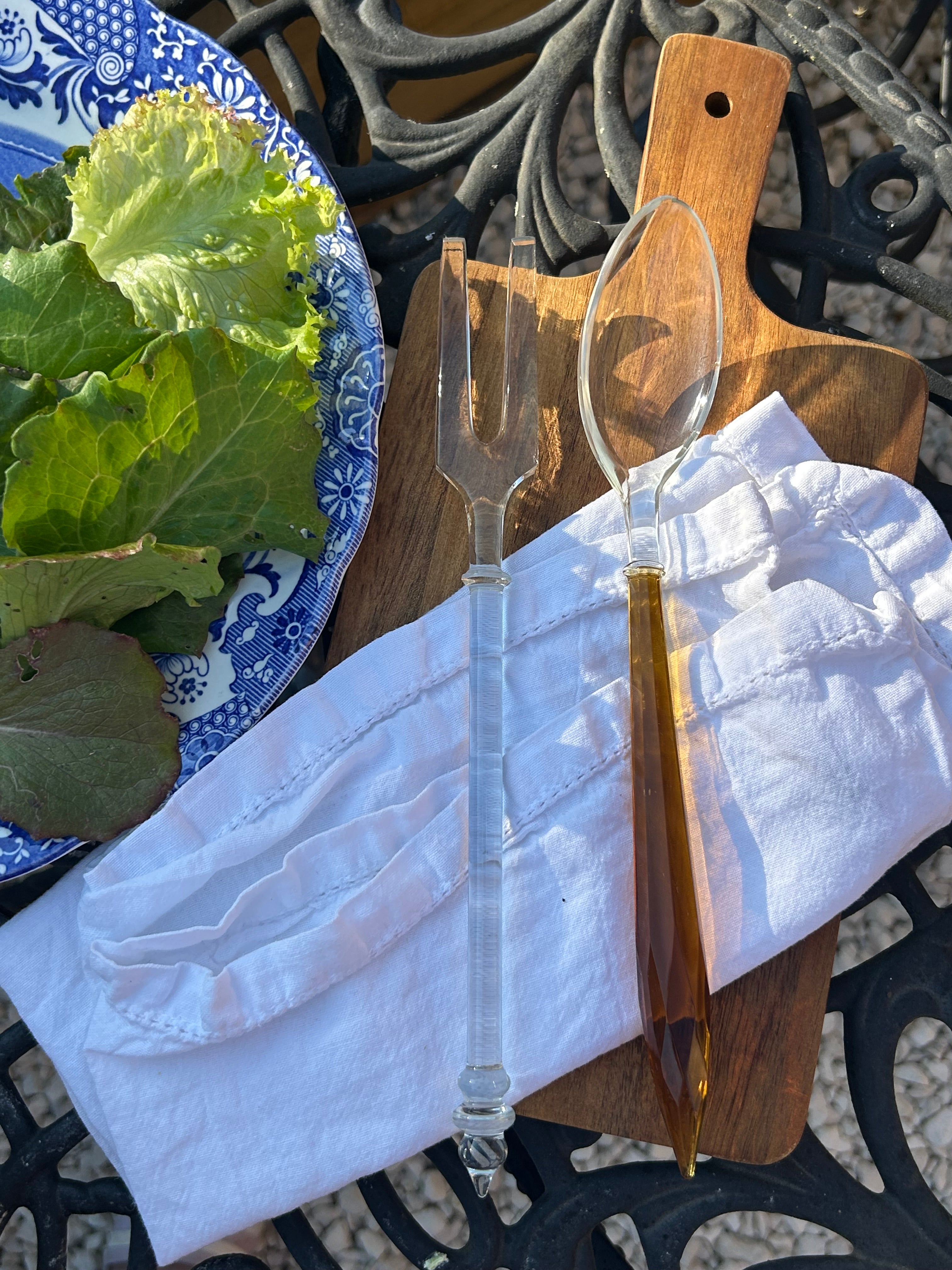 Vintage Art Deco Style Amber Lucite Salad Servers