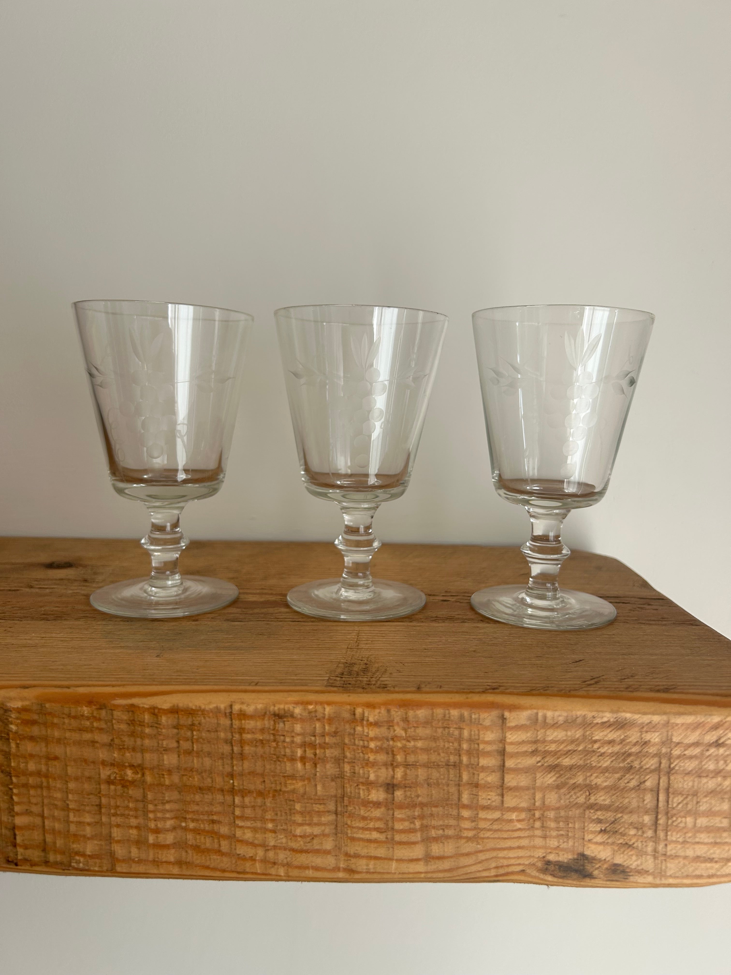Trio of 5” Vintage Hand-Blown Etched Wine Glasses Grape & Vine Motif