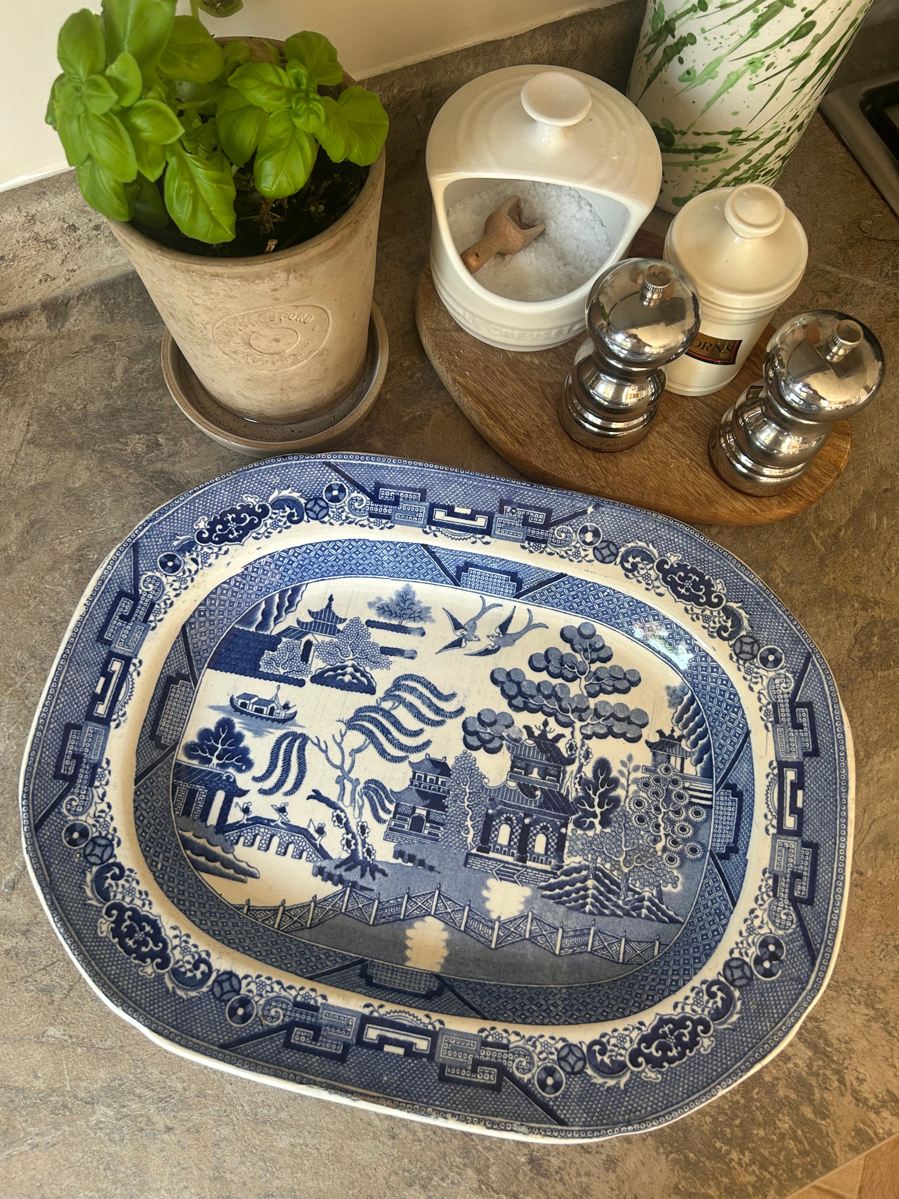 Large Antique Blue Willow Transferware Oval Serving Platter