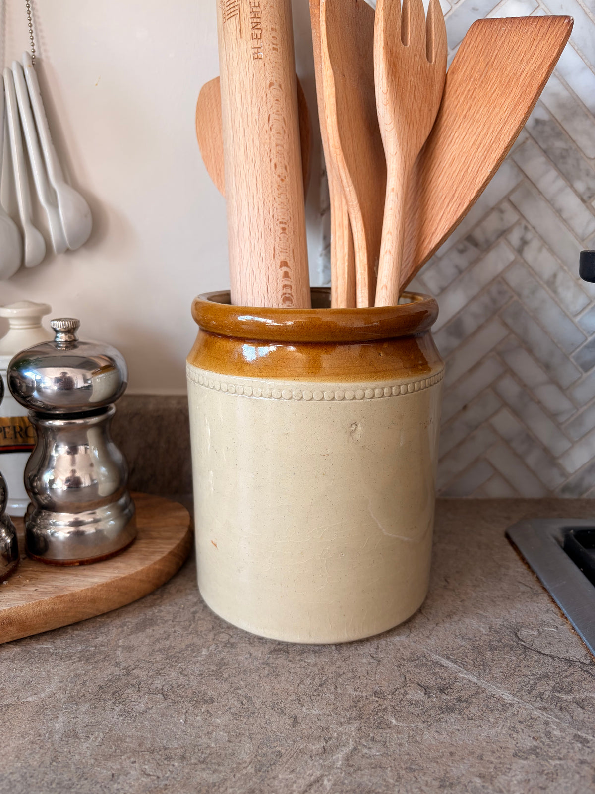 Antique Two-Tone Stoneware Jar with Beaded Collar
