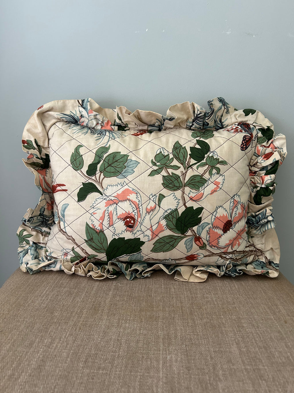 Vintage Floral Quilted Ruffle Cushion – Botanical Chintz Boudoir Pillow