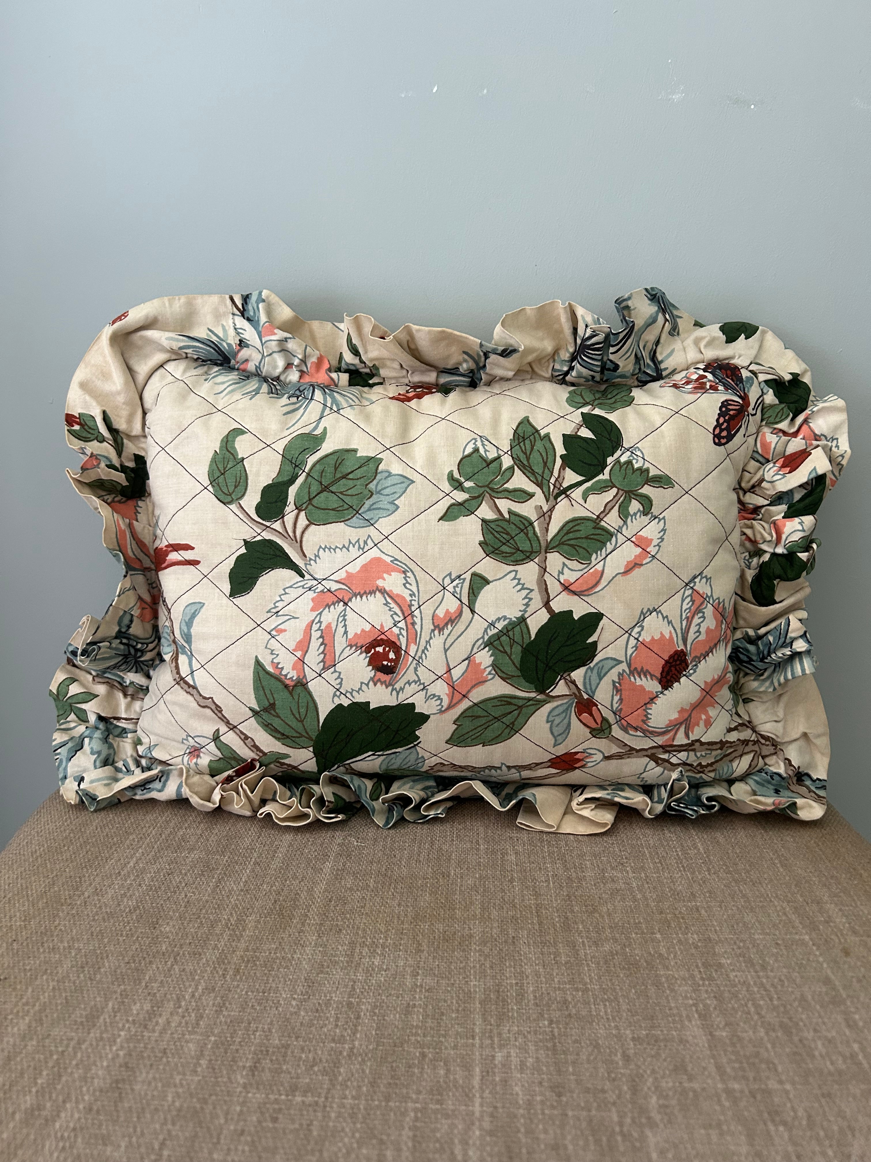 Vintage Floral Quilted Ruffle Cushion – Botanical Chintz Boudoir Pillow