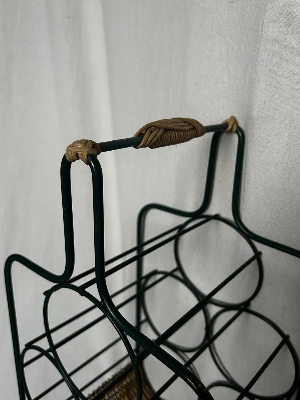 Racing Green Metal and Wicker Rattan Wine Rack