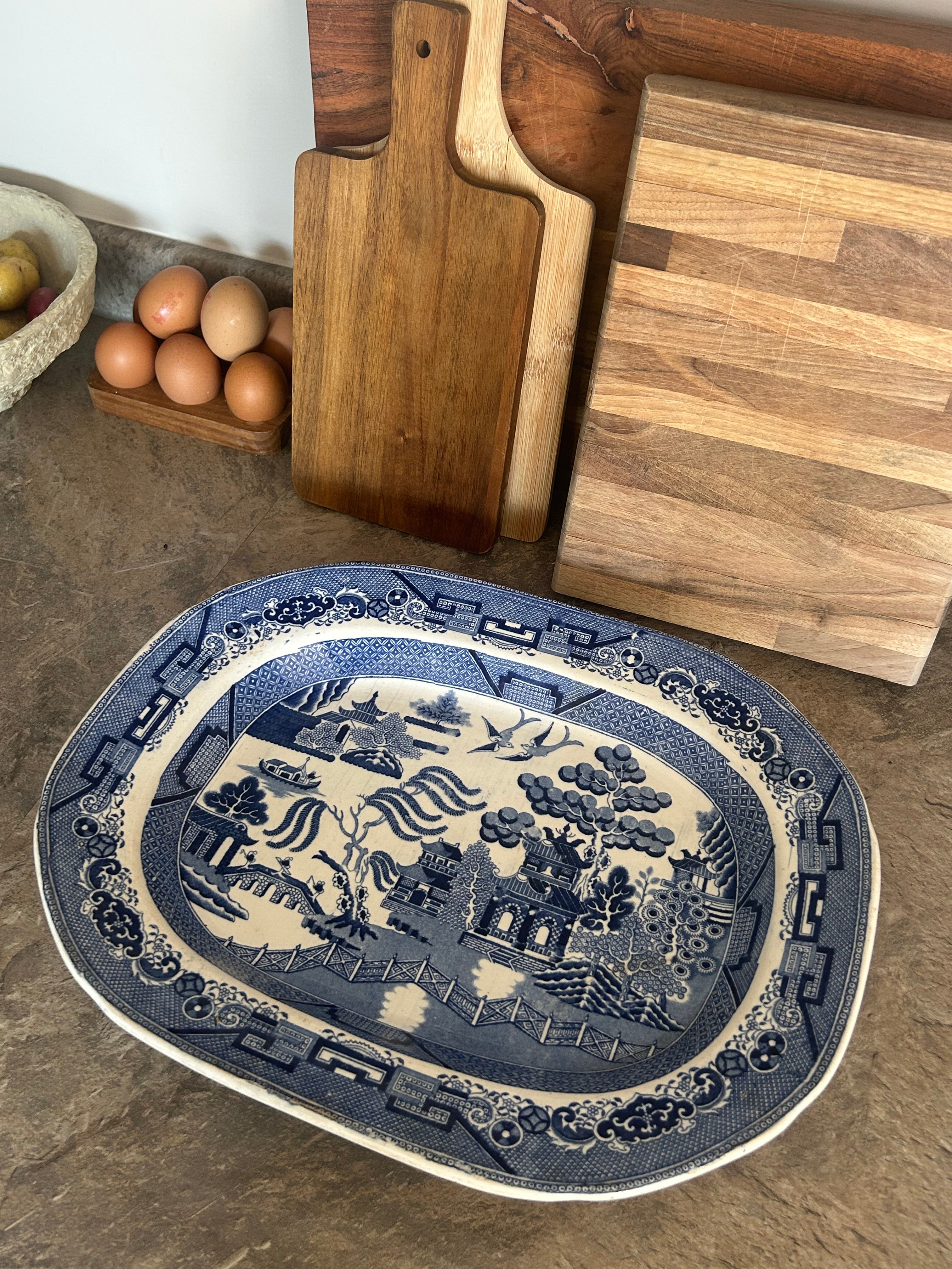 Large Antique Blue Willow Transferware Oval Serving Platter