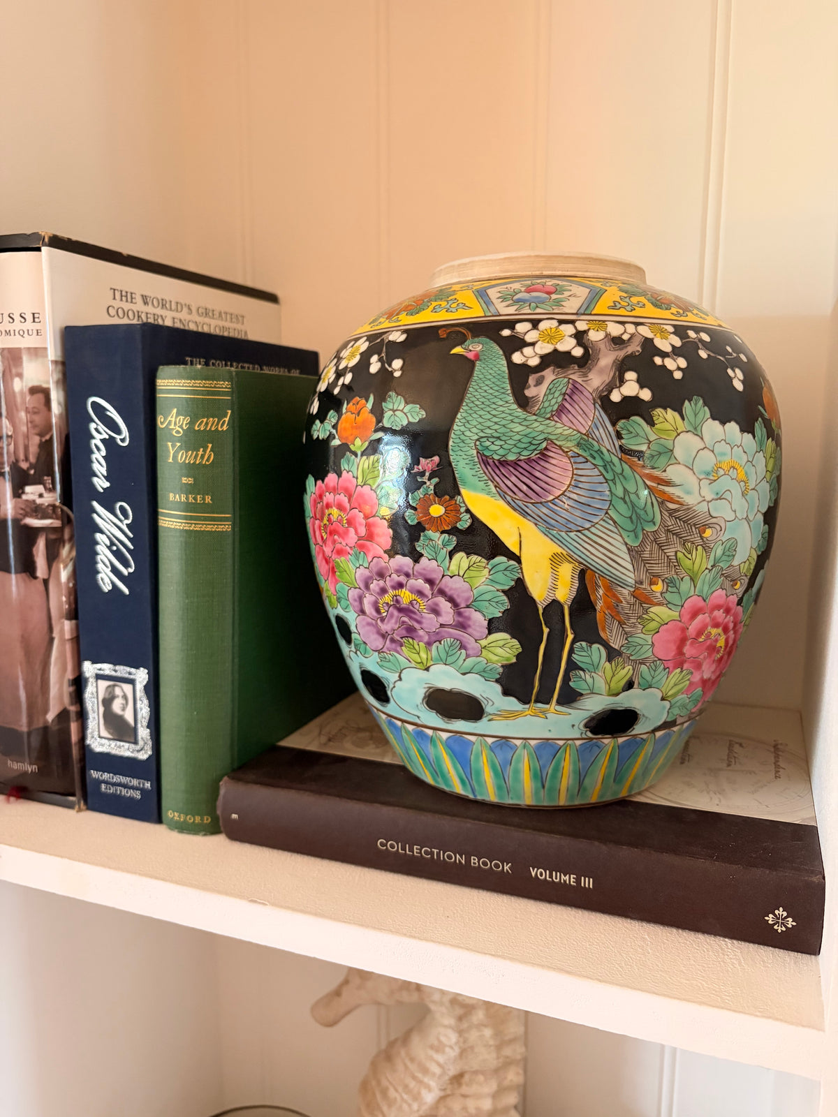 Vintage Japanese Black Porcelain Peacock & Peony Ginger Jar Vase
