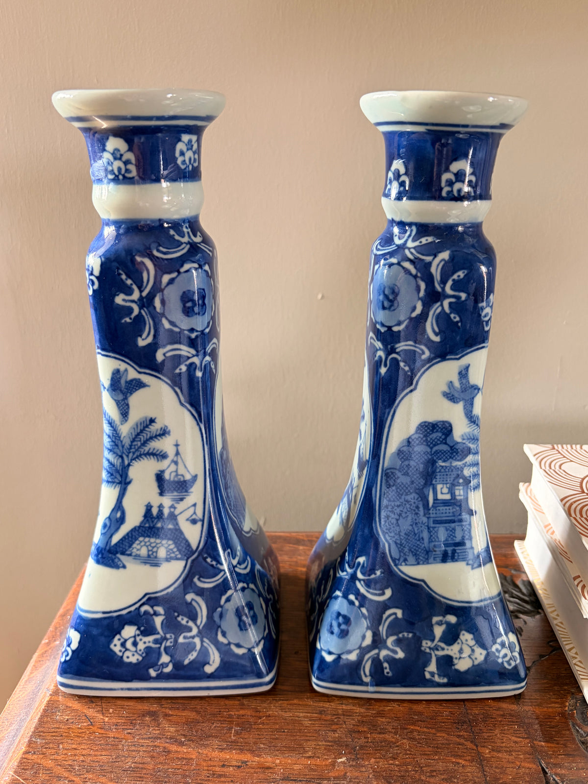 Pair of Vintage Blue and White Chinoiserie Porcelain Candlesticks