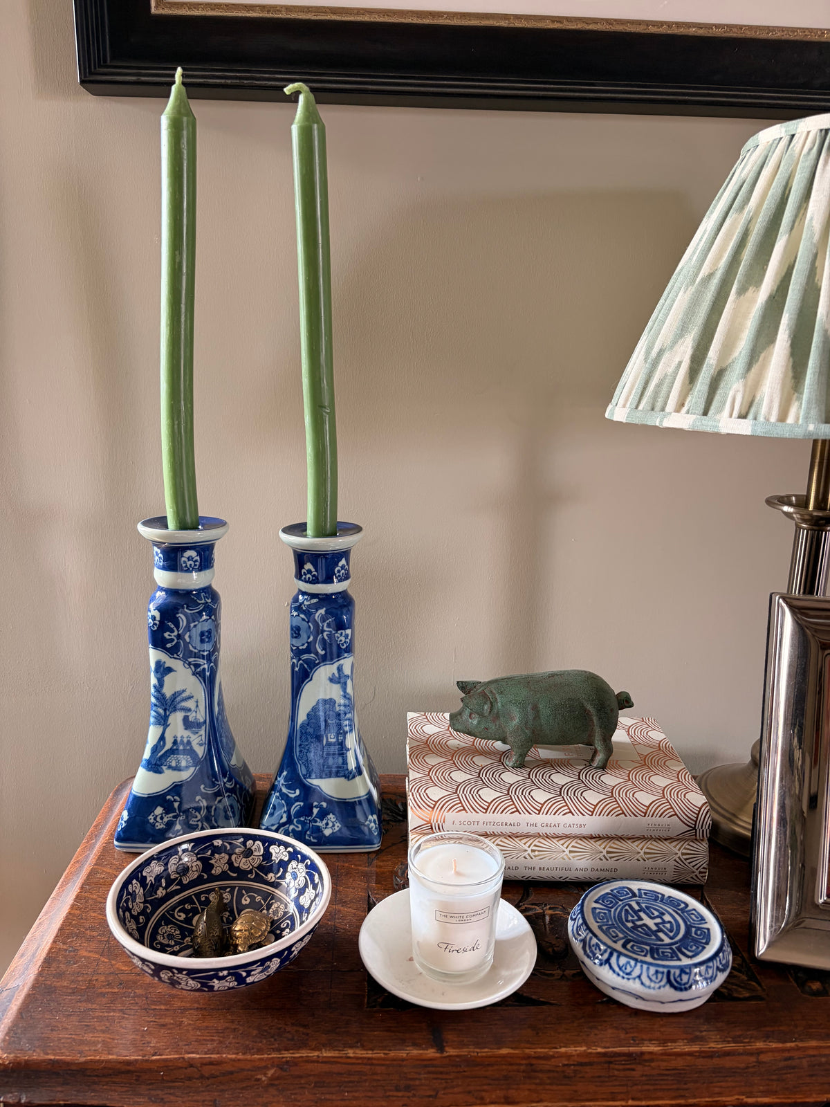 Pair of Vintage Blue and White Chinoiserie Porcelain Candlesticks
