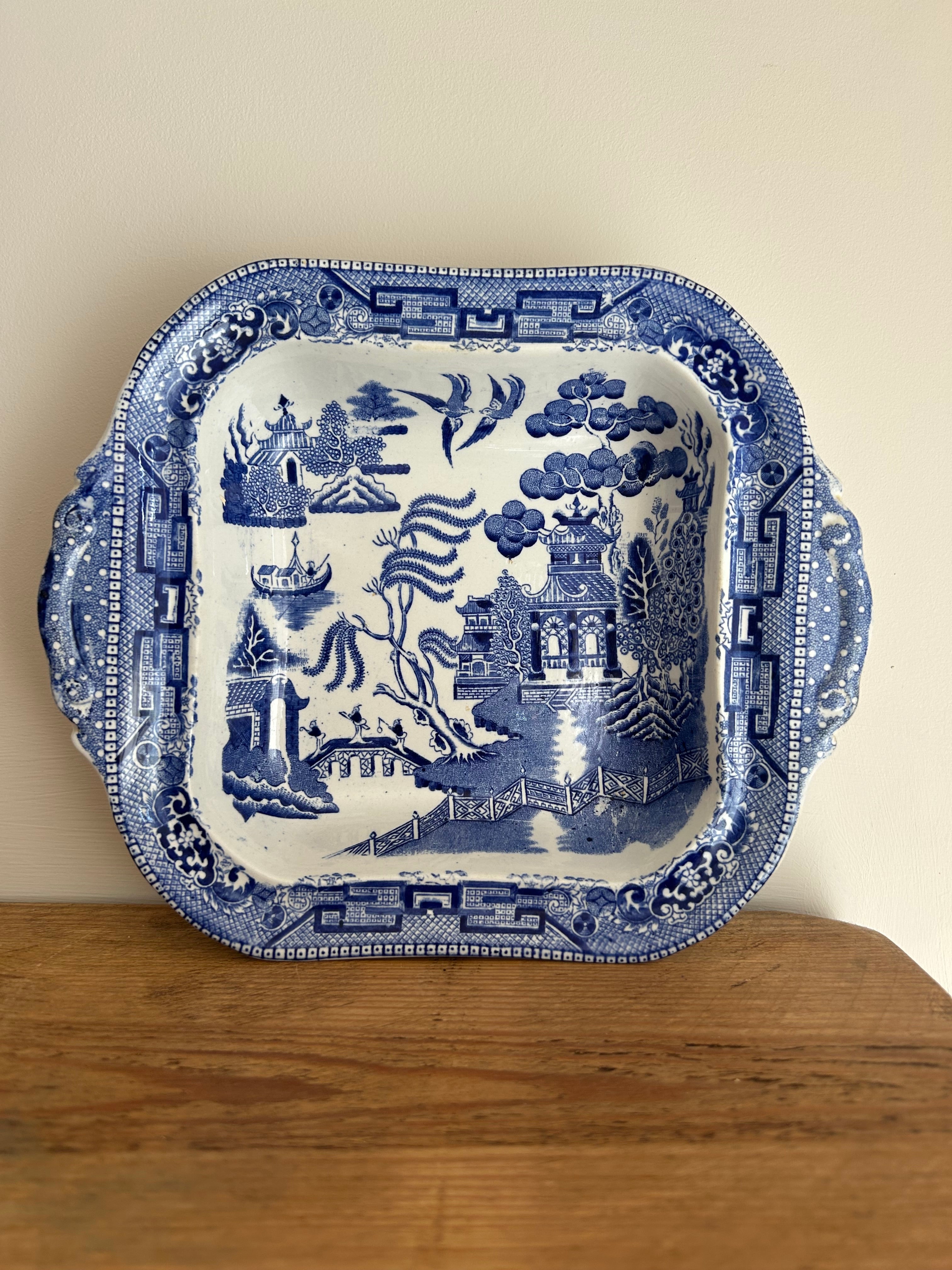 Antique Wedgwood & Co. "Blue Willow" Handled Vegetable Dish, c.1891–1900