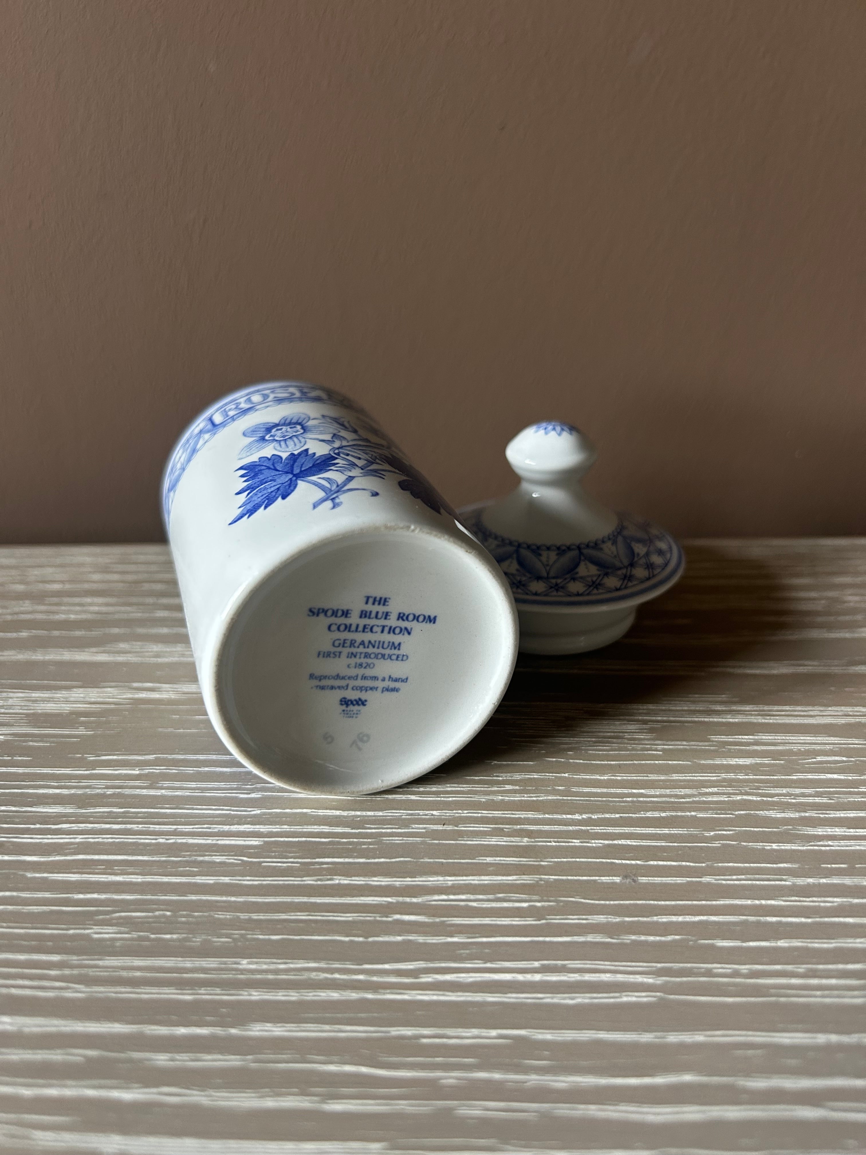 Vintage Spode Blue Room Collection "Rosemary" Lidded Spice Jar – Classic Geranium Pattern, Made in England