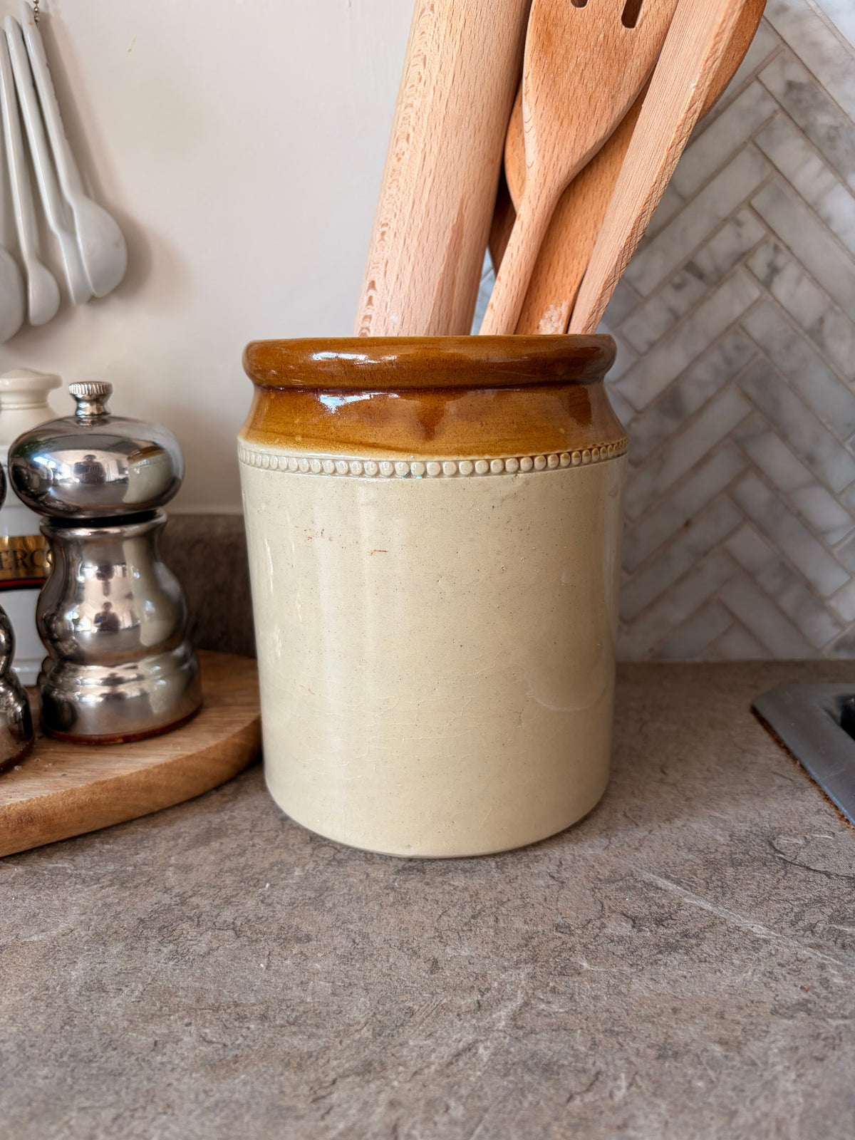 Antique Two-Tone Stoneware Jar with Beaded Collar