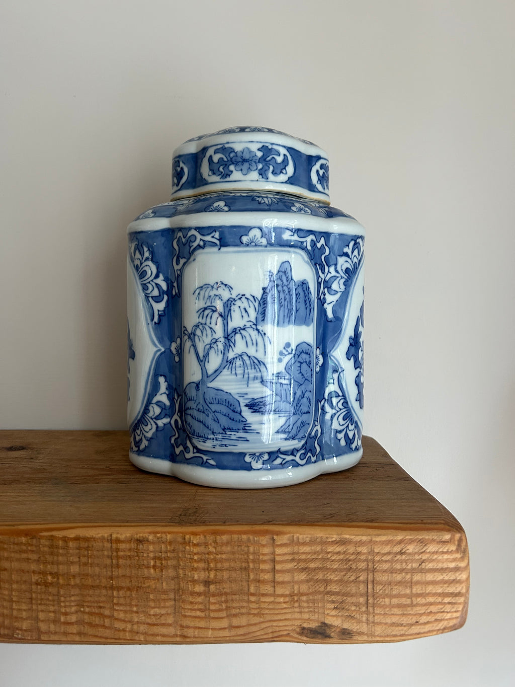 Vintage Large Chinese Blue & White Lobed Tea Jar with Cover