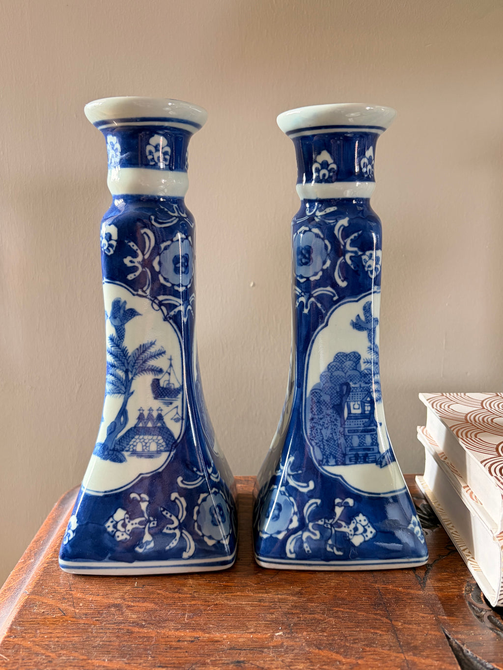 Pair of Vintage Blue and White Chinoiserie Porcelain Candlesticks
