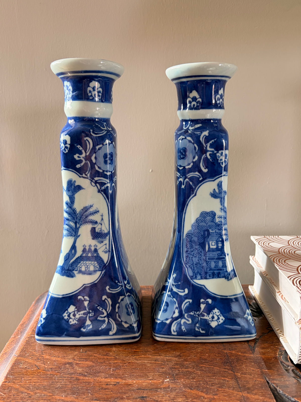 Pair of Vintage Blue and White Chinoiserie Porcelain Candlesticks
