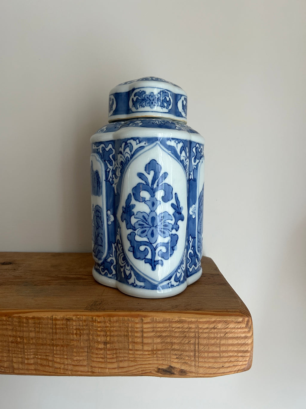 Vintage Large Chinese Blue & White Lobed Tea Jar with Cover