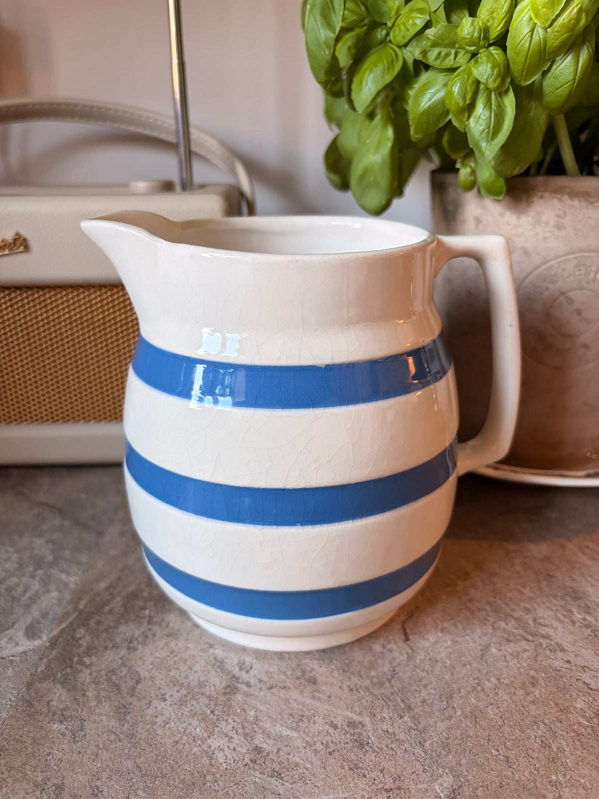 Vintage Staffordshire Chef Ware Striped Blue & Cream Milk Pitcher Jug