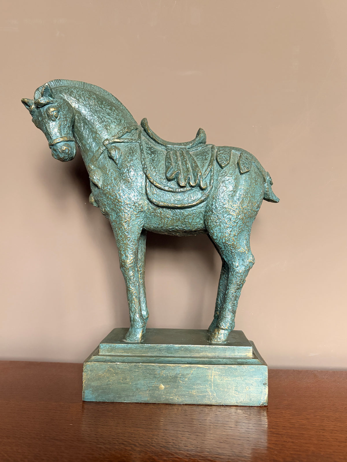 Tang Dynasty Style Verdigris Bronze Effect Resin Horse Sculpture