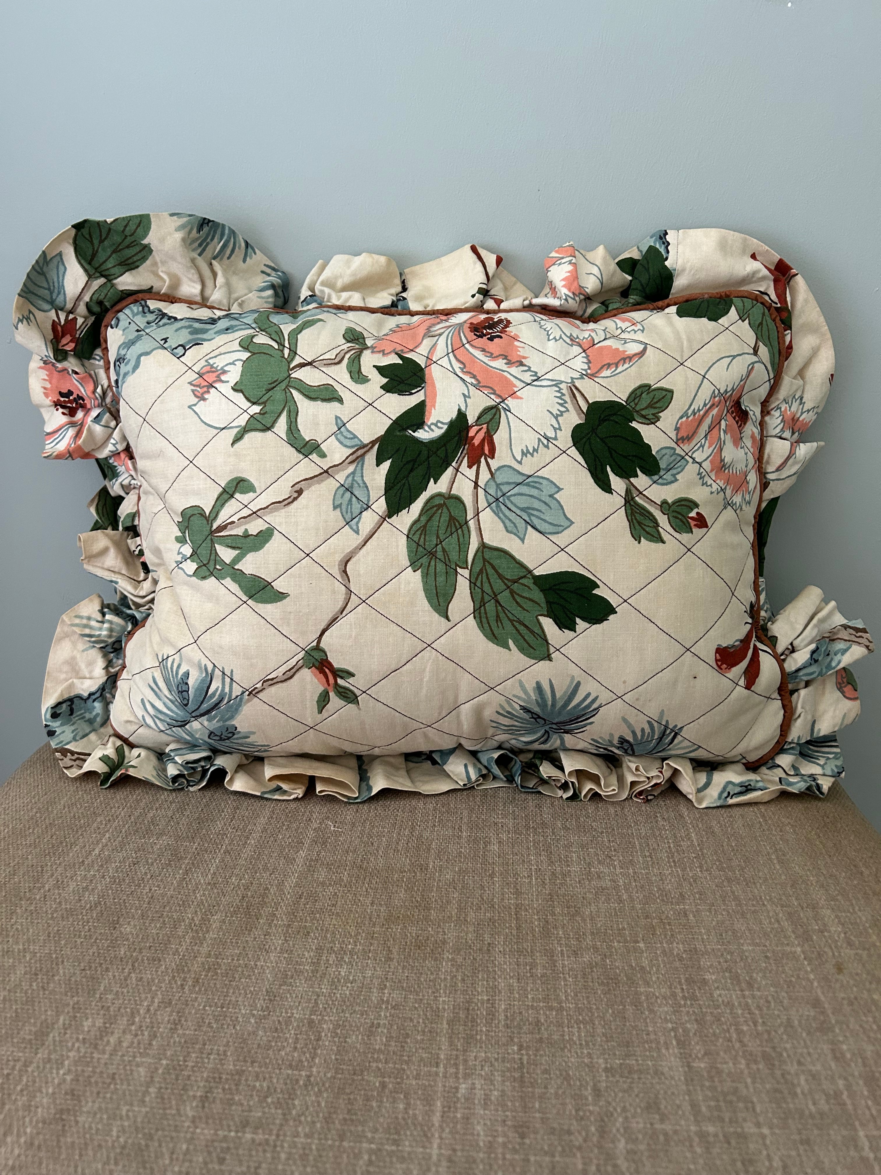 Vintage Floral Quilted Ruffle Cushion – Botanical Chintz Boudoir Pillow
